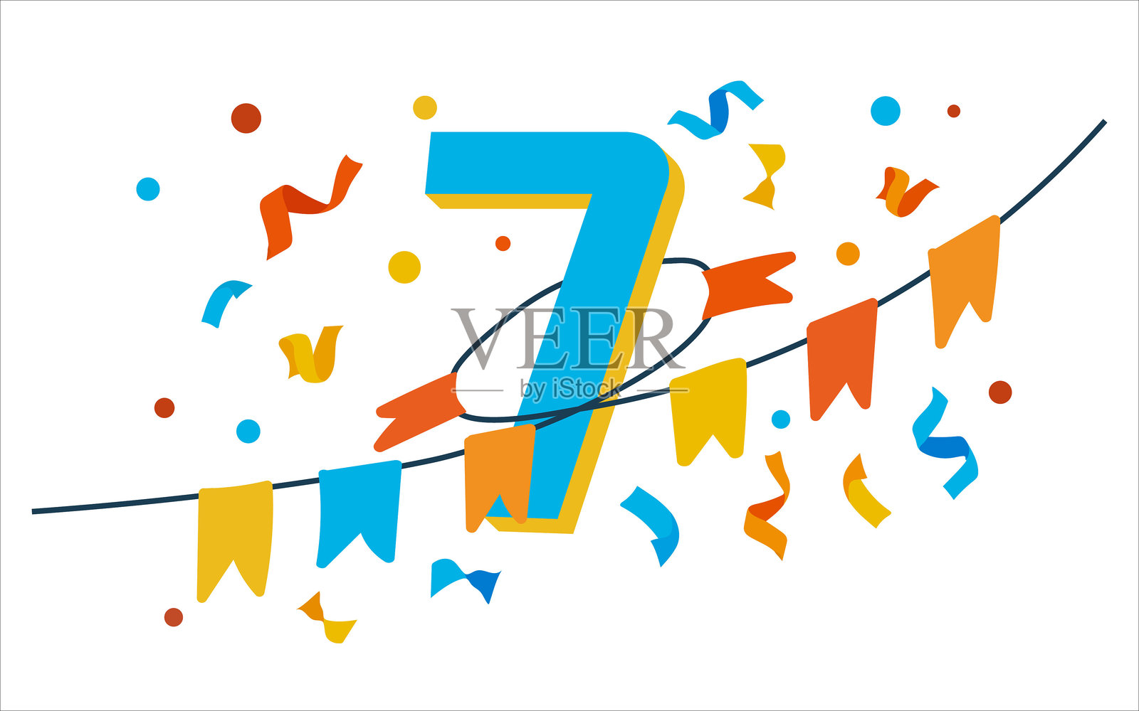 数字7上的五彩纸屑和旗帜。平面矢量插图插画图片素材