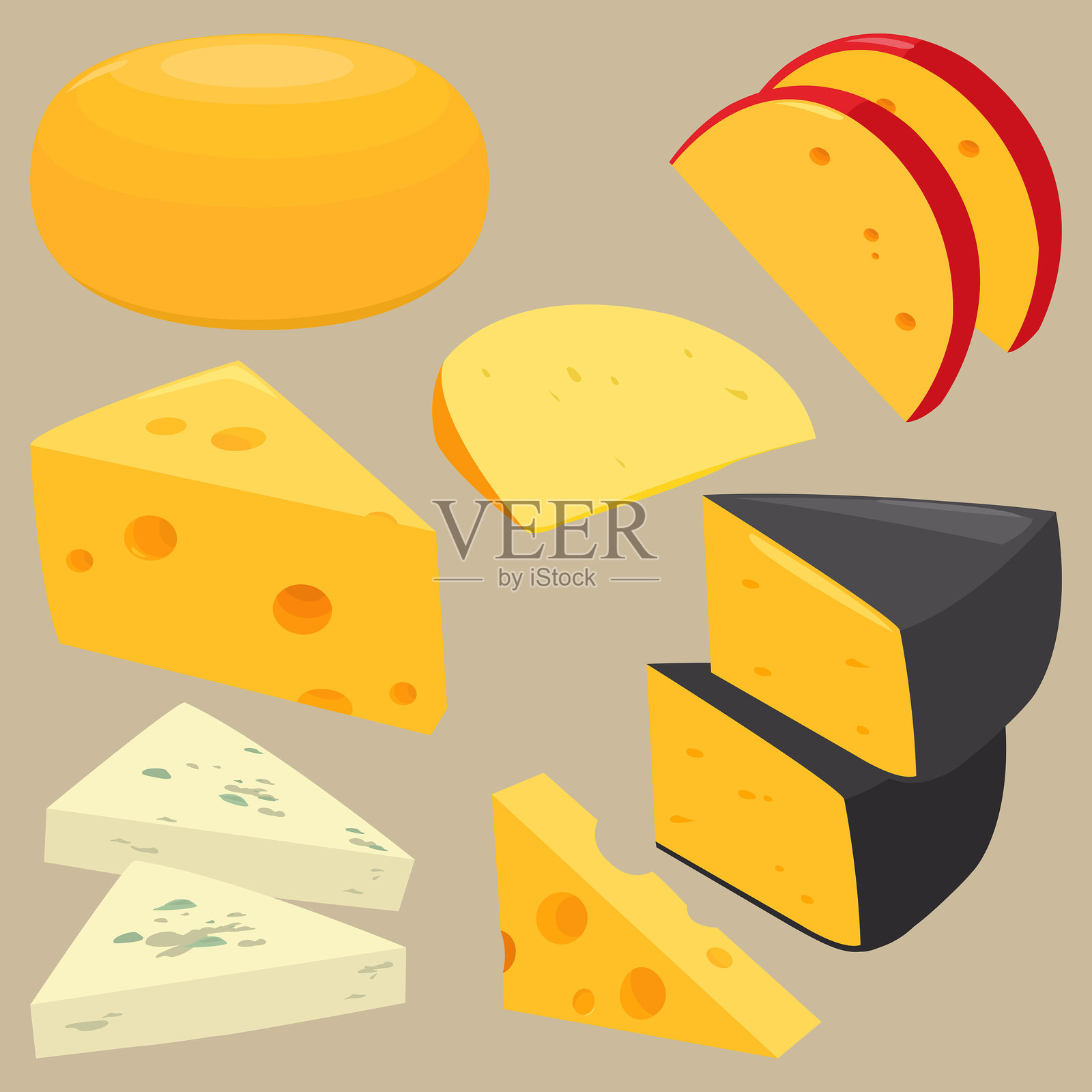 各种类型的奶酪切成片。乳制品组合，包括埃达姆奶酪、帕尔马奶酪和马苏里拉奶酪。矢量插图合集插画图片素材