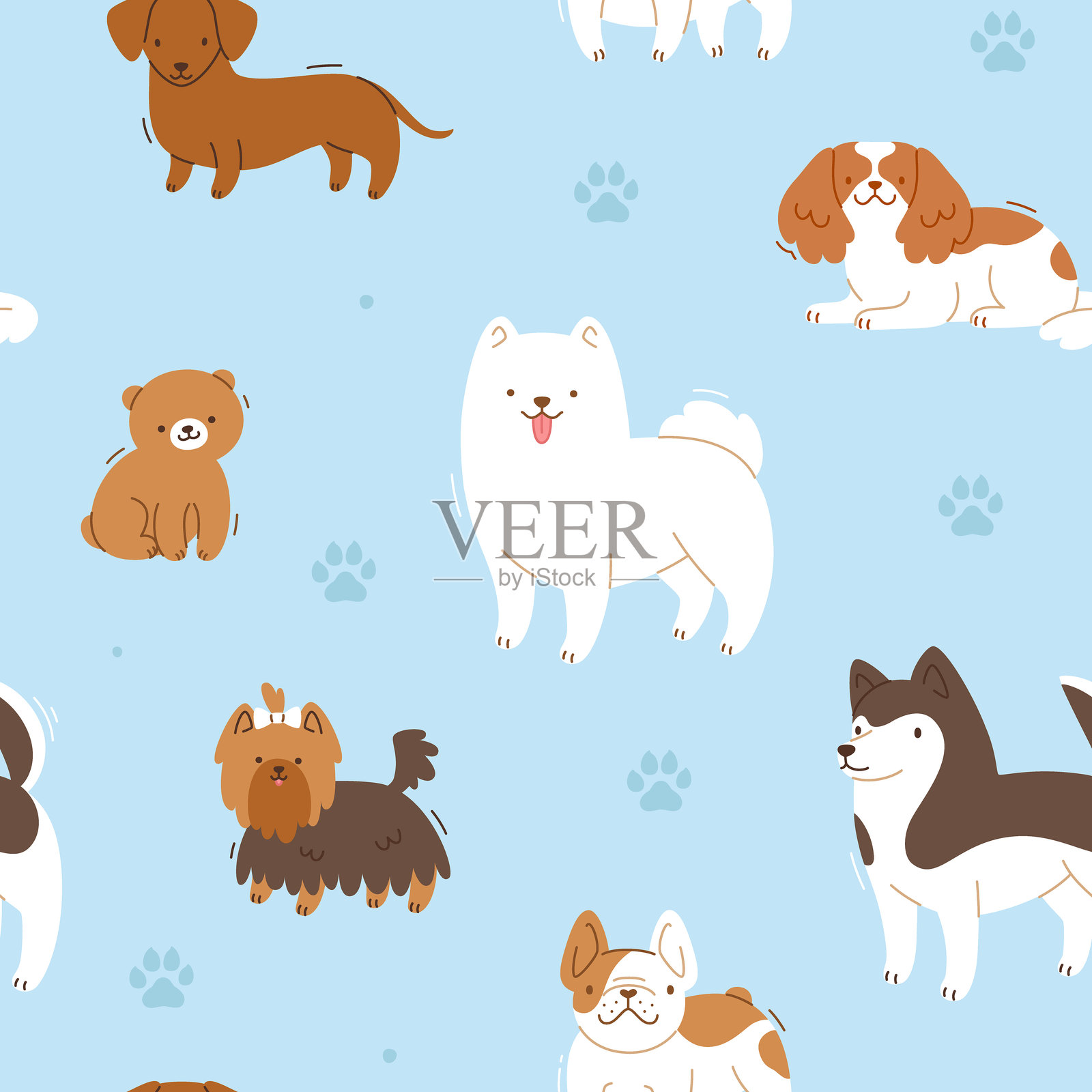 可爱的狗狗图案。无缝矢量印刷，平面狗狗。迷人的卡通小狗图案。插画图片素材