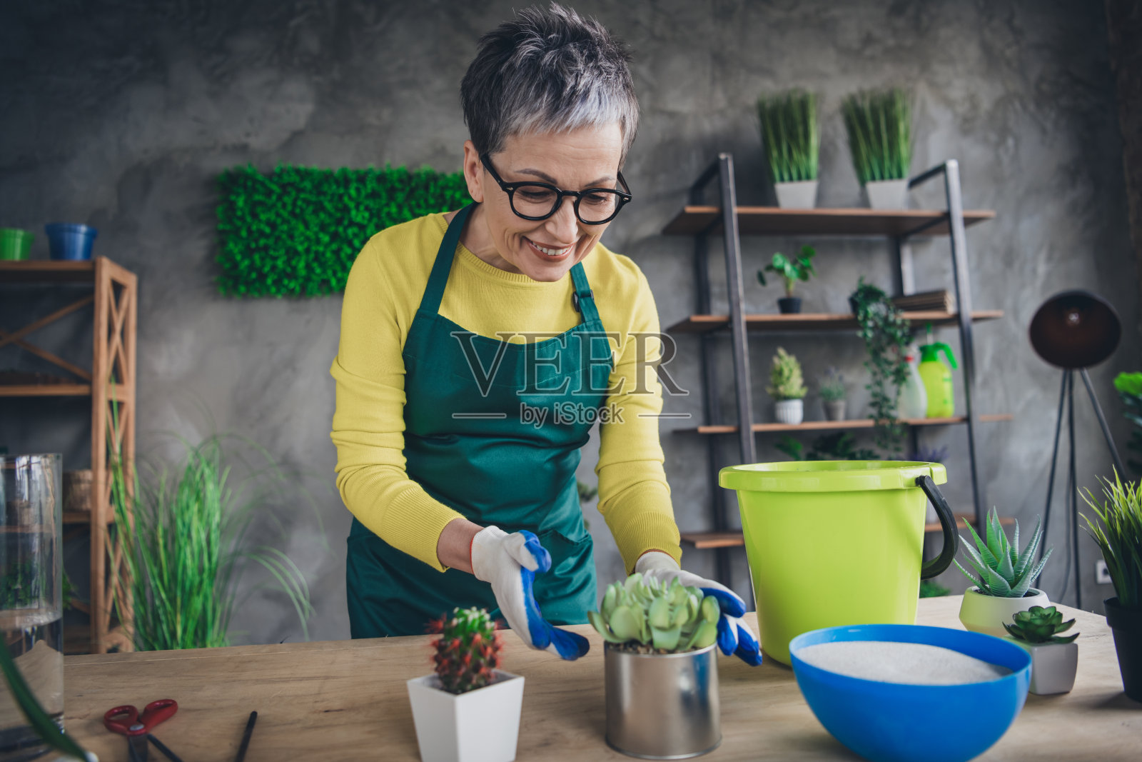 可爱的退休女士在花店工作，穿着绿色围裙，正在给植物换盆，展现了她作为花商的职业风采。照片摄影图片