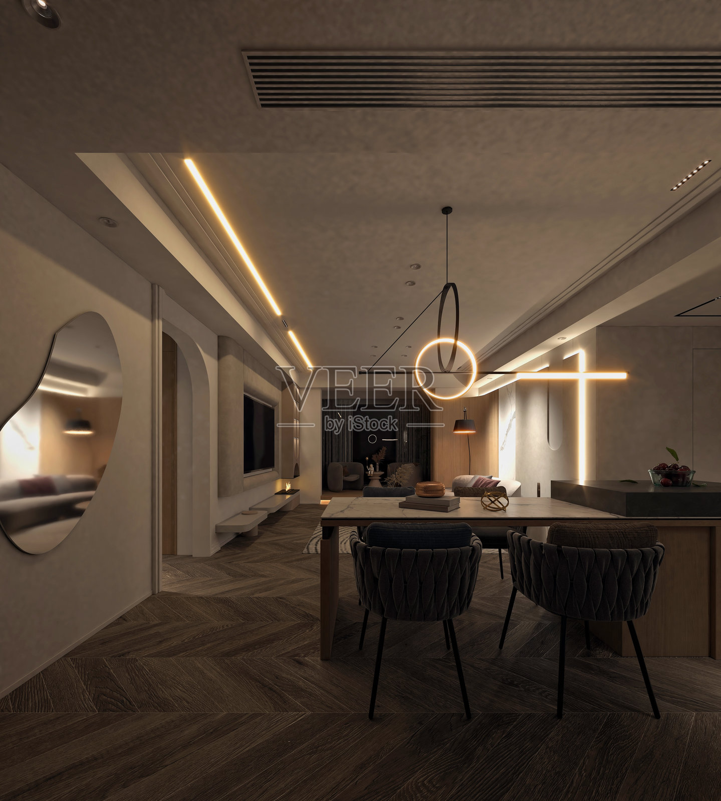 3D渲染的客厅和餐厅空间照片摄影图片