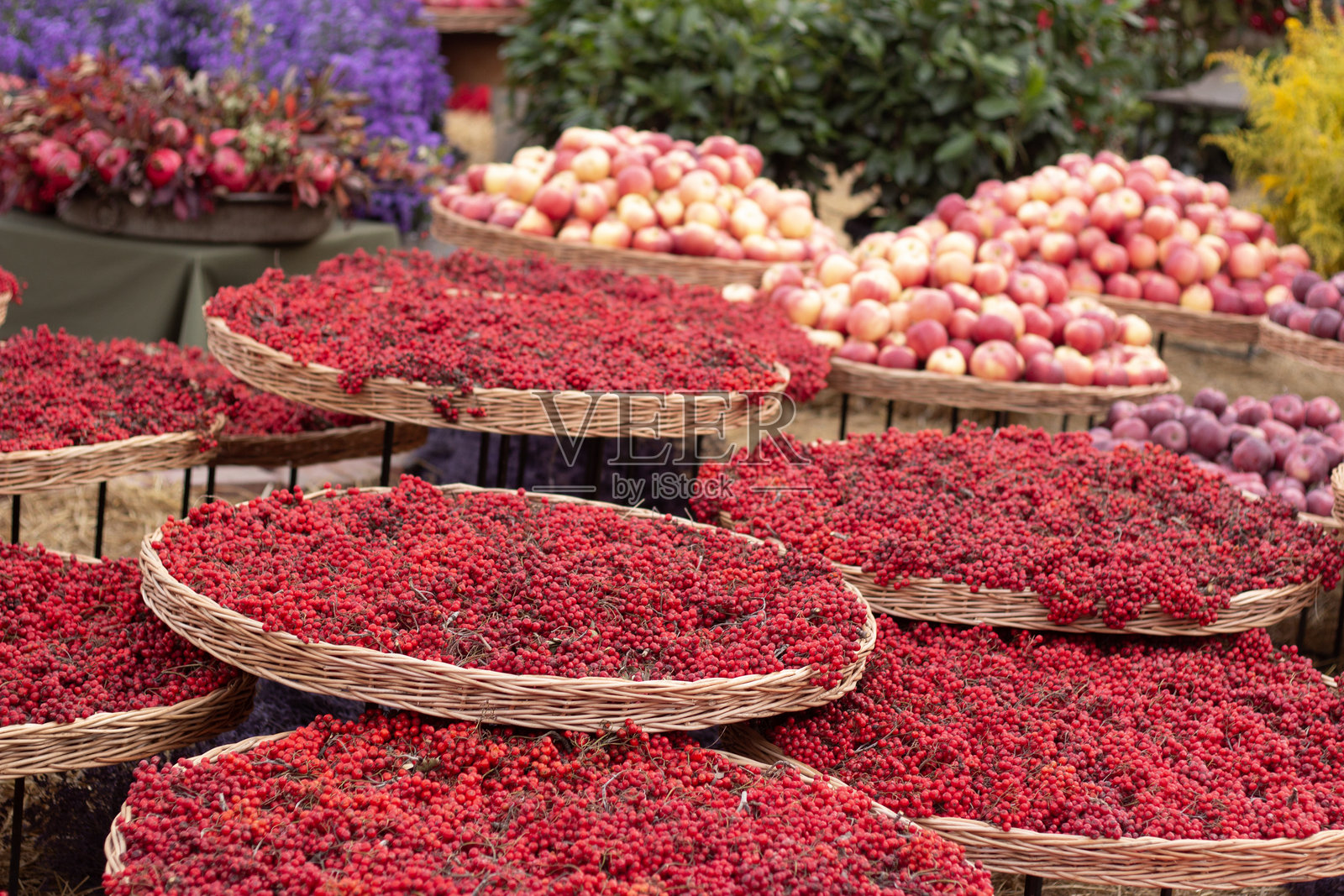 草垫上的红色浆果和苹果。街市的蔬菜店照片摄影图片