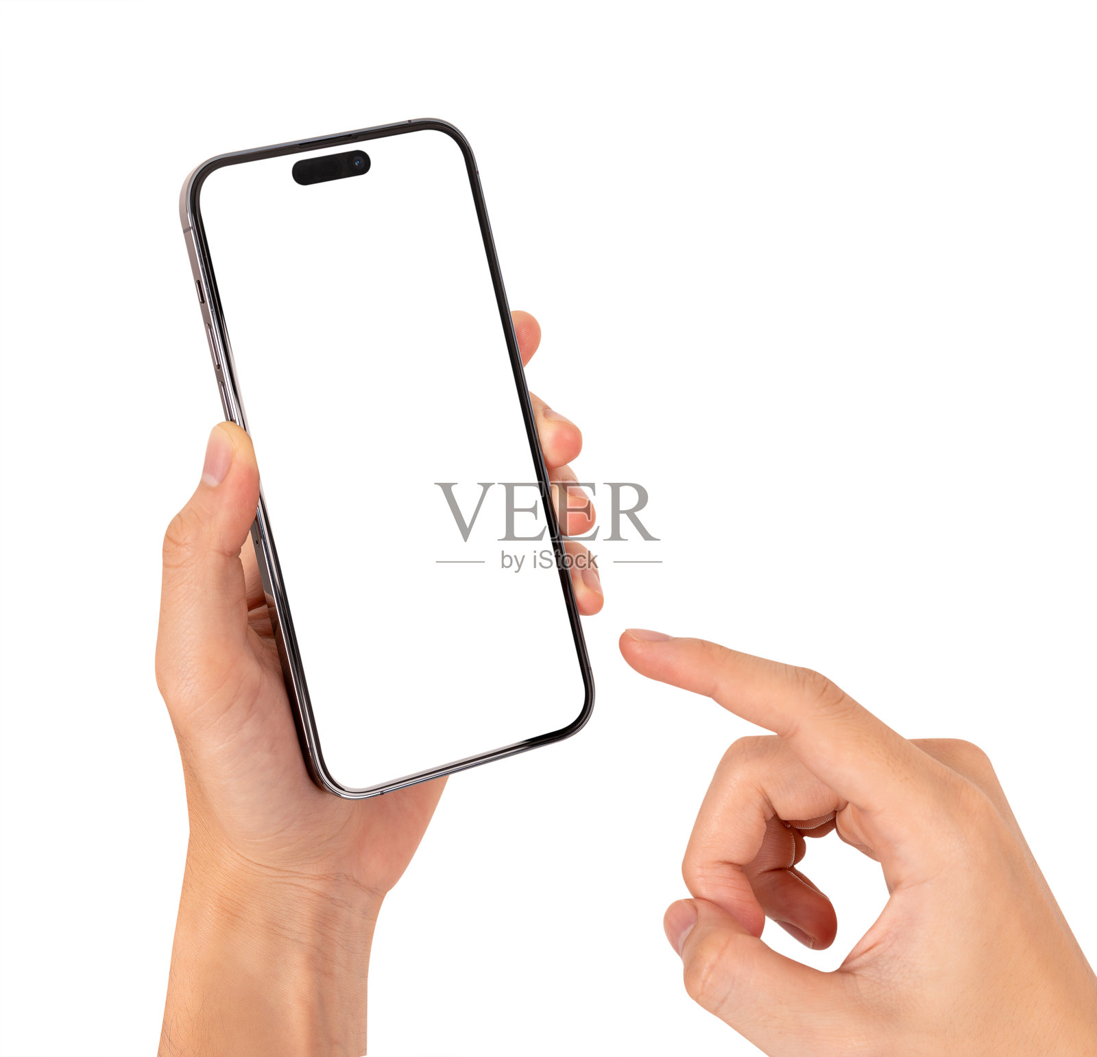 手握智能手机，屏幕空白，背景为白色。照片摄影图片