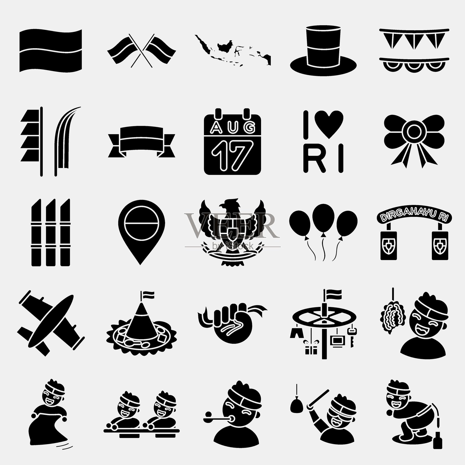 印尼独立日庆祝元素图标集。图标采用图形风格，适合用于印刷、海报等。插画图片素材