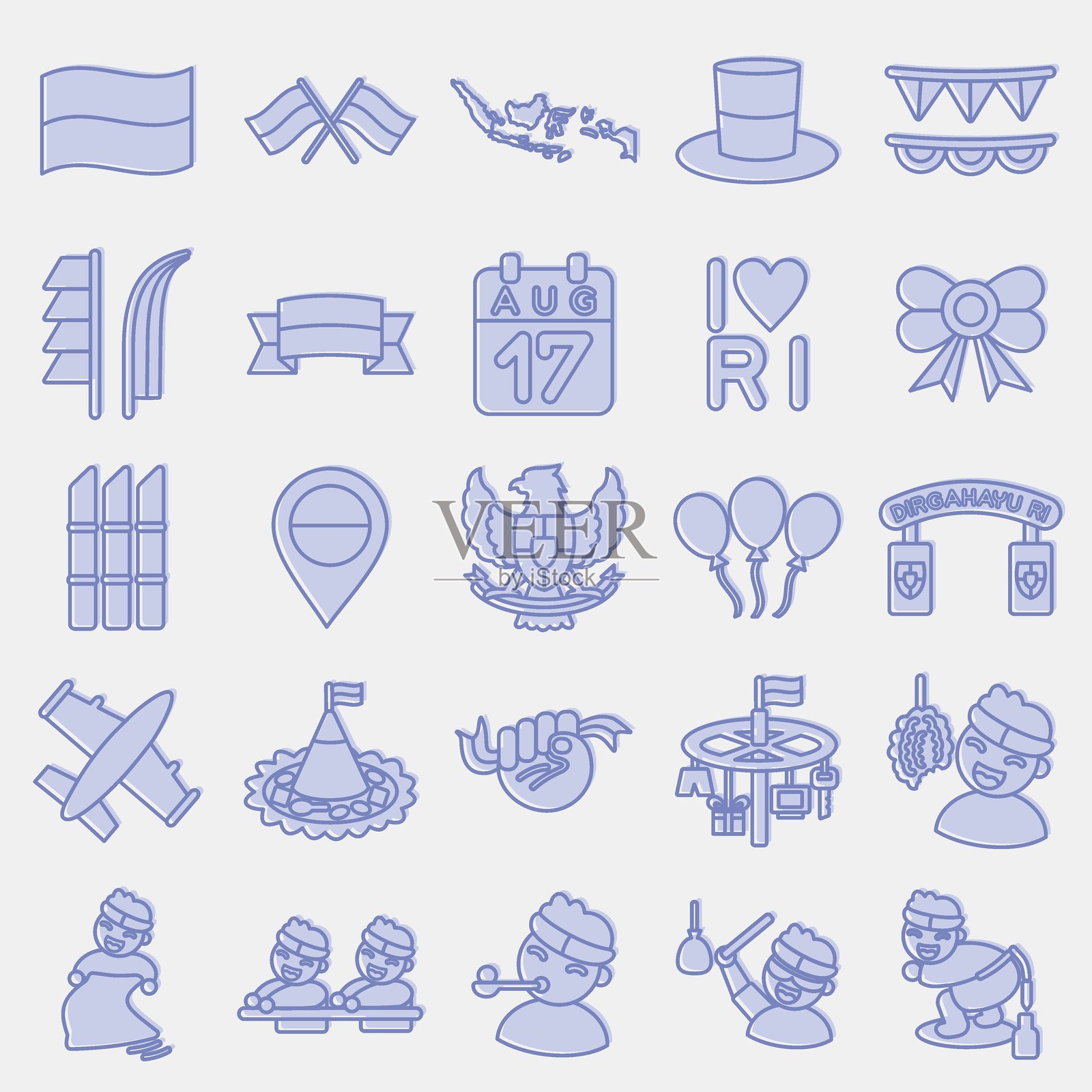 印尼独立日庆祝元素图标集。双色风格的图标，适合印刷、海报等。插画图片素材