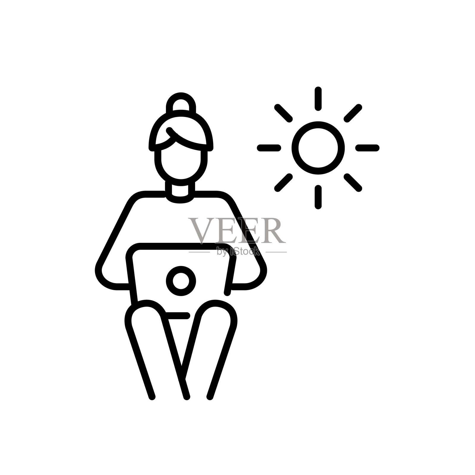 女性在办公时间通过笔记本电脑远程工作。像素完美，可编辑的线条图标插画图片素材