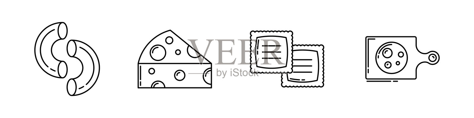 食品、厨房和餐厅的4个线条图标集。食品图标，意大利面，奶酪，食谱，切菜板。插画图片素材