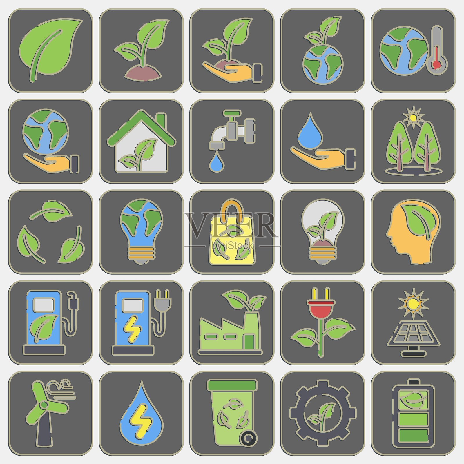 环境图标集。生态和环境元素。浮雕风格的图标。适合用于印刷、海报、标志、信息图表等。插画图片素材