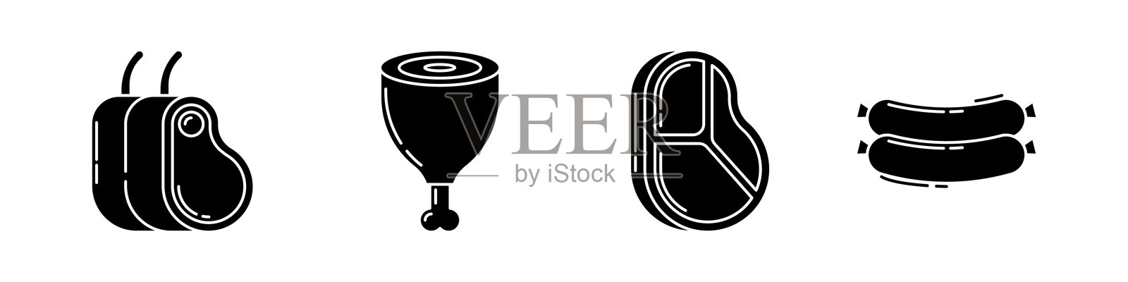 肉类图标集，牛排、鸡腿、香肠和火腿插图插画图片素材