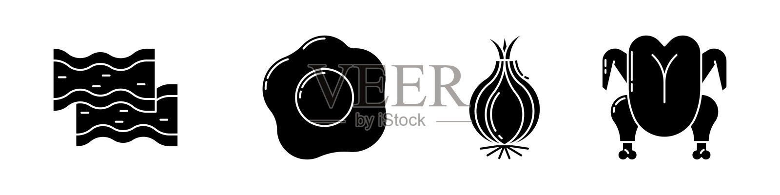 培根、煎蛋、洋葱和鸡肉的黑色剪影图标插画图片素材