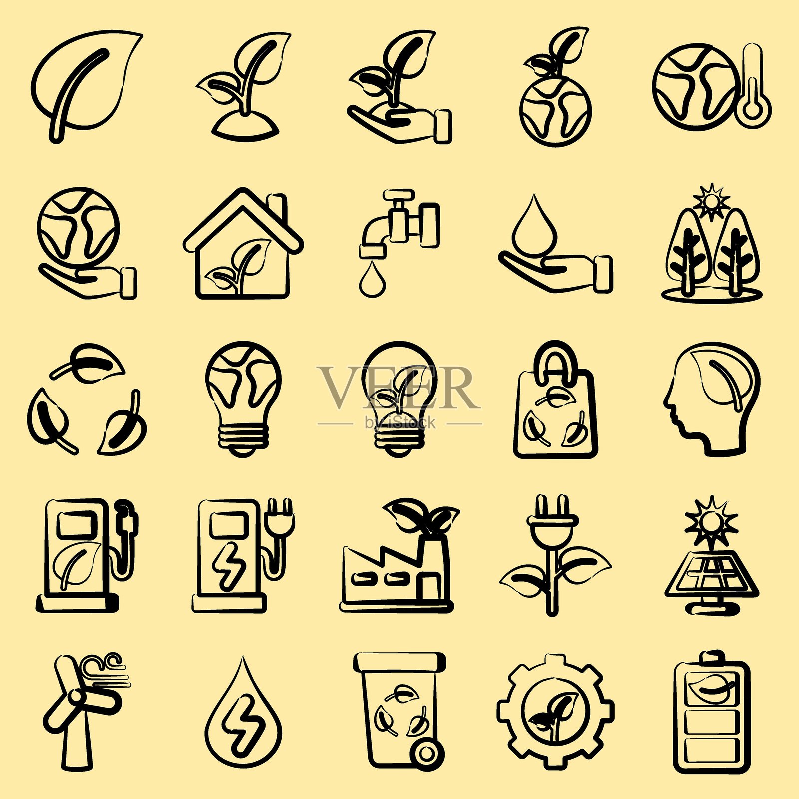 环境图标集。生态和环境元素。手绘风格的图标。适合用于印刷品、海报、标志、信息图表等。插画图片素材