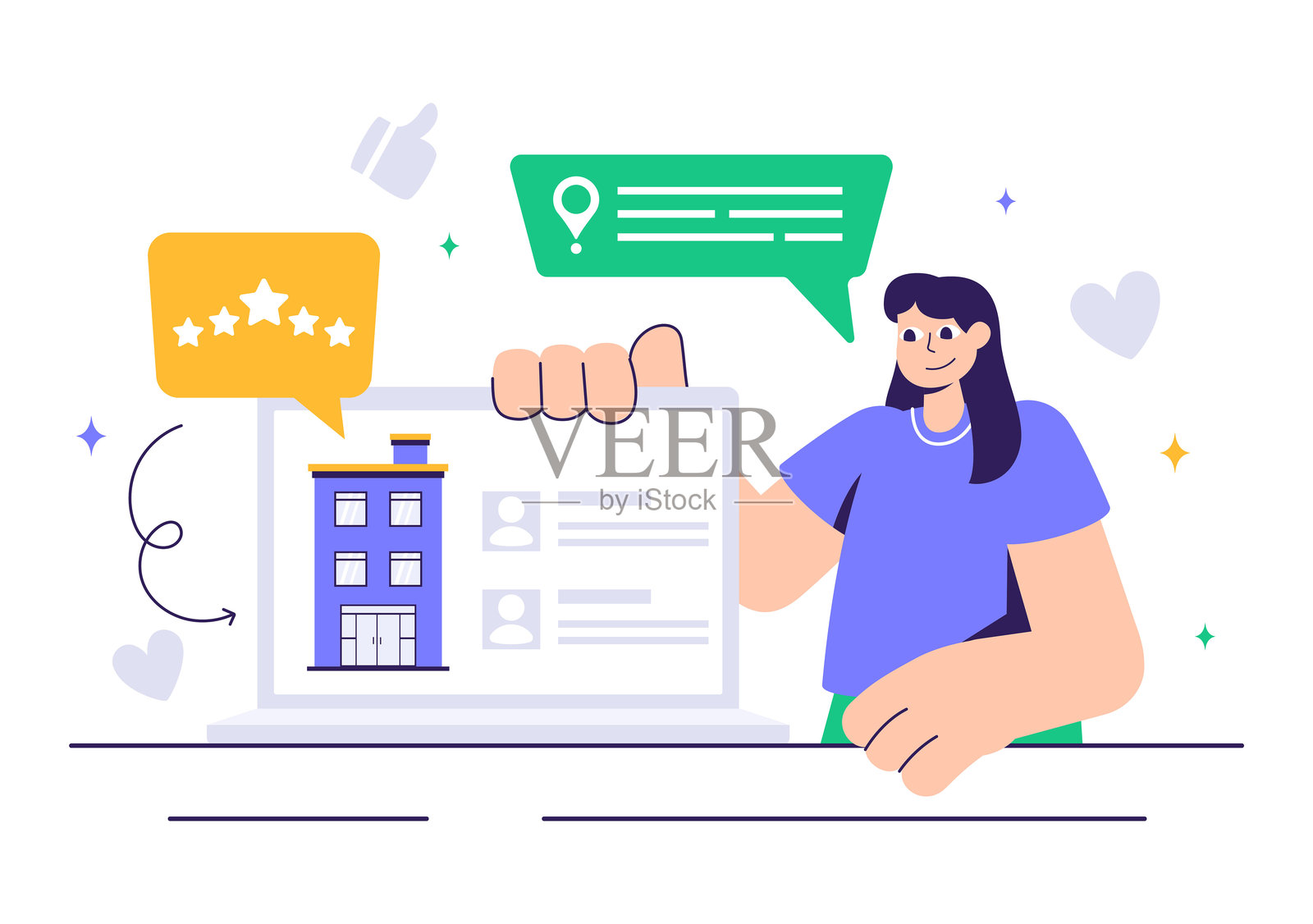 酒店评论矢量插图，展示评分服务、用户满意度和客户体验，背景为平面风格卡通设计插画图片素材