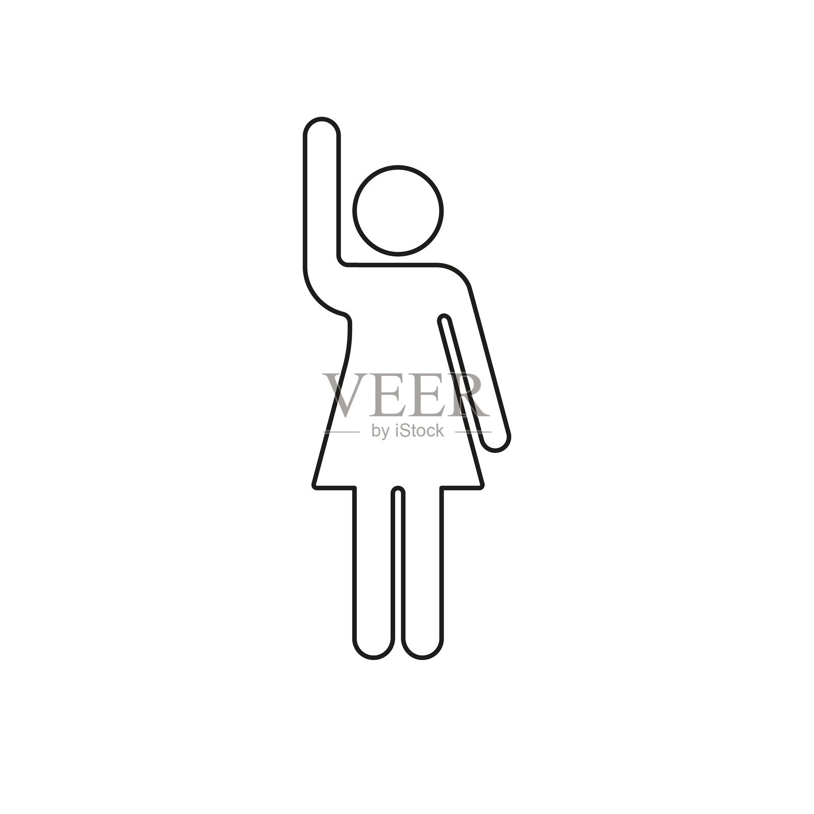 挥手的人物图标线条图标。问候手势符号。女性人形举起手臂表示问候。可编辑的线条。孤立的矢量插图。插画图片素材