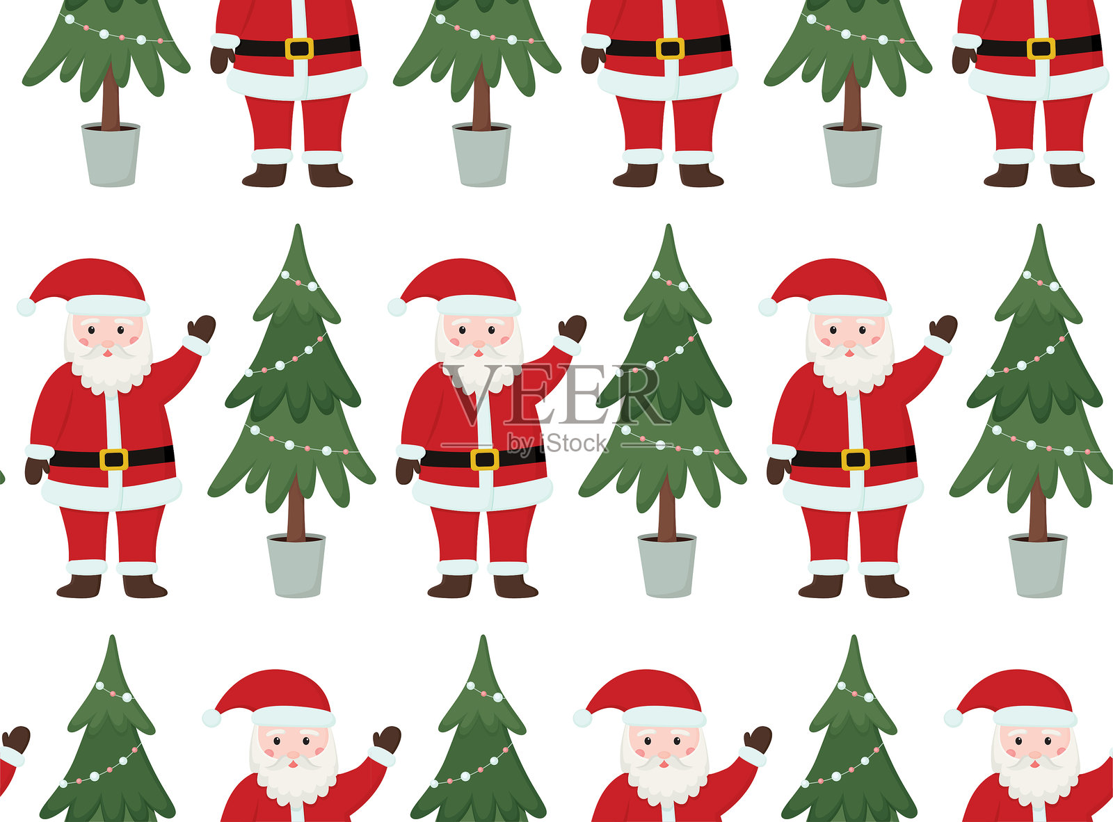 无缝图案，带有搞笑的圣诞老人和圣诞树插画图片素材