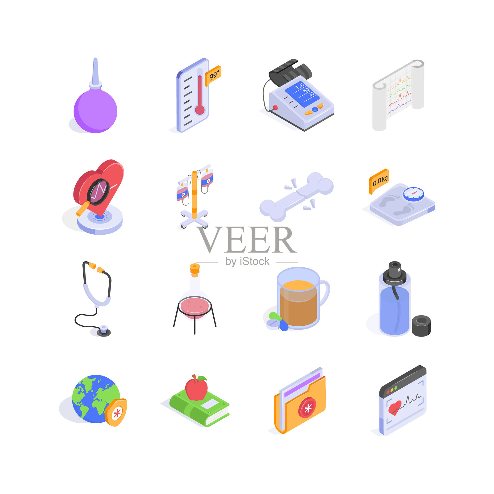 一组色彩丰富的等距图标，代表医疗、医学和健康的各个方面插画图片素材