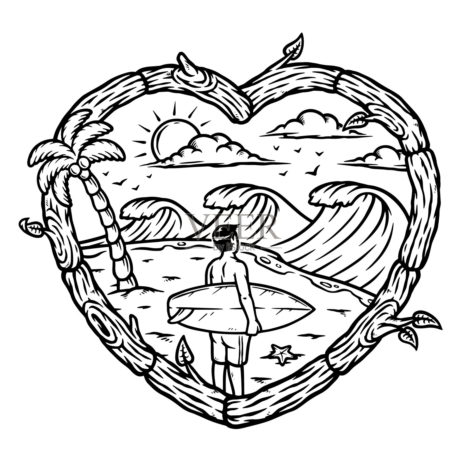 沙滩上的冲浪者与爱木架插画图片素材