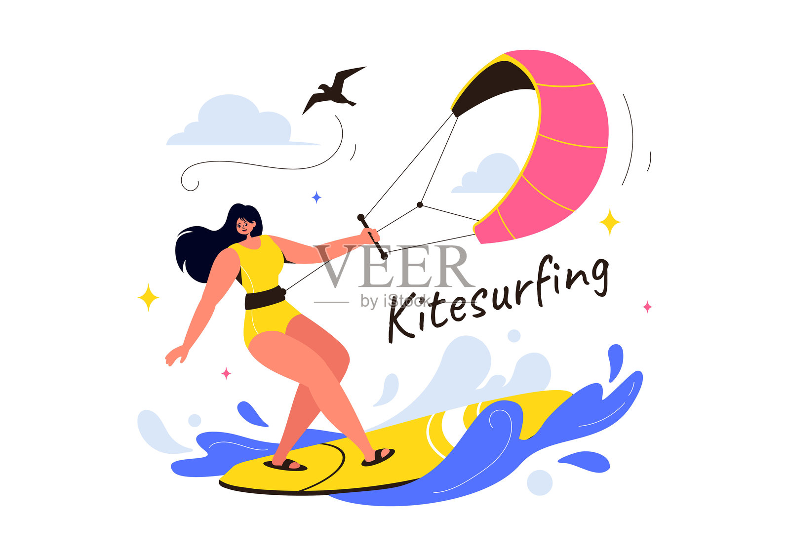 风筝冲浪矢量插图设有一个风筝冲浪者站在一个风筝板在夏季大海在极端水上运动与卡通背景插画图片素材