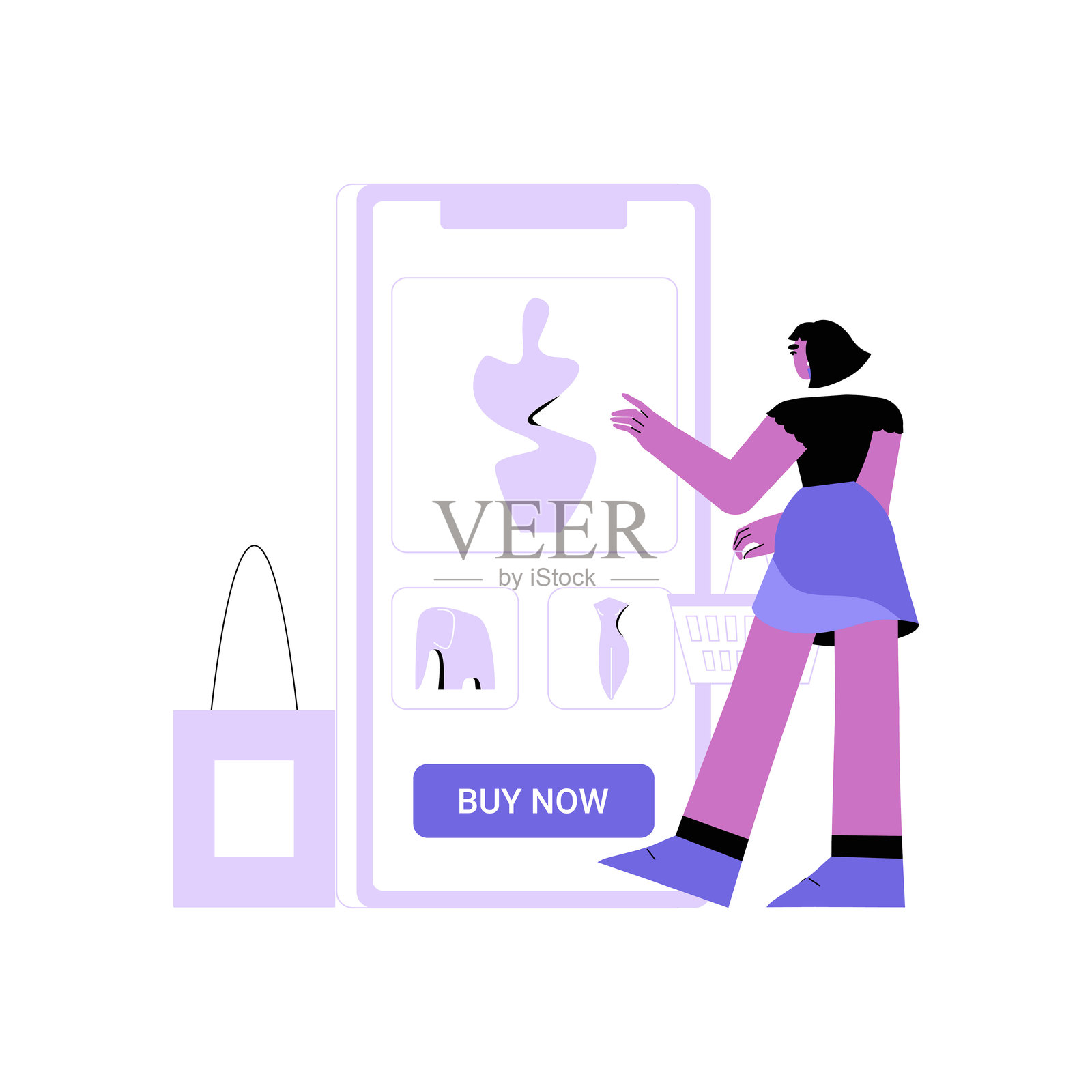 女性在移动设备上购物艺术用品的扁平矢量插图，象征电子商务、在线购物和创造力，背景为白色。插画图片素材