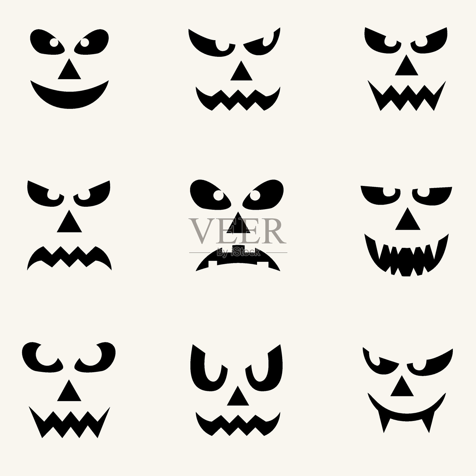 一组万圣节面孔、鬼魂、南瓜，简单的黑白手绘矢量图插画图片素材