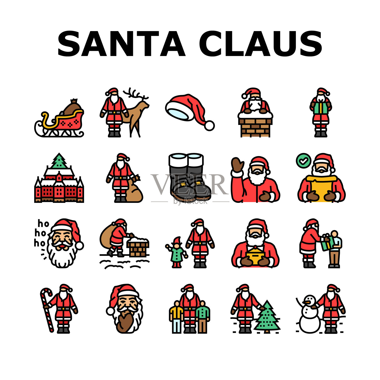 圣诞老人、圣诞节、驯鹿图标集矢量图插画图片素材