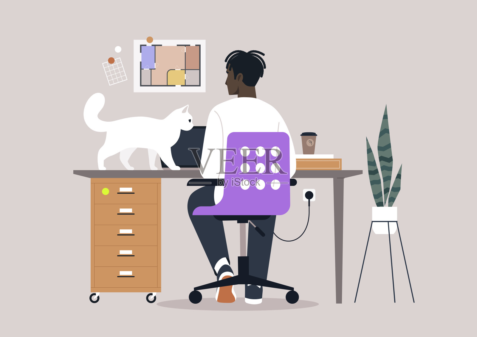 在宁静的下午，一位人士专注地在笔记本电脑上工作，一只好奇的猫咪在桌子上顽皮地探查，周围环绕着生动的装饰和宁静的氛围。插画图片素材