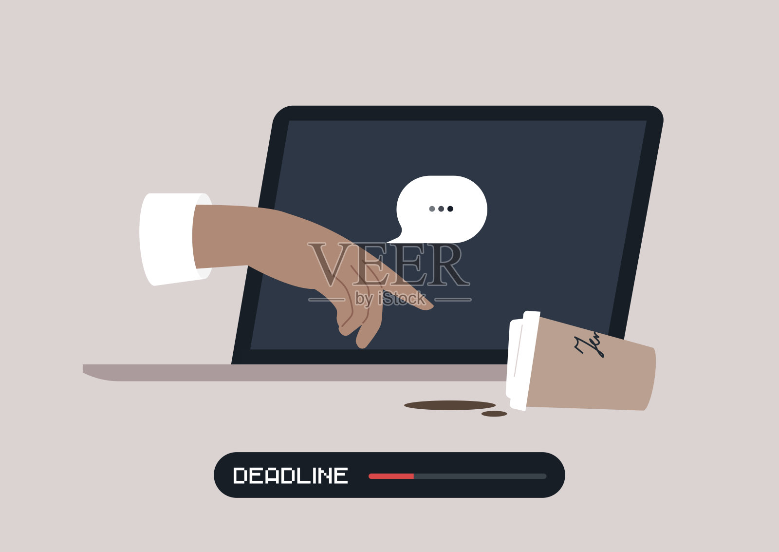 一只手悬停在笔记本电脑键盘上，反映出完成任务的紧迫感，旁边翻倒的咖啡杯暗示着在截止日期压力下长时间工作的痕迹。插画图片素材