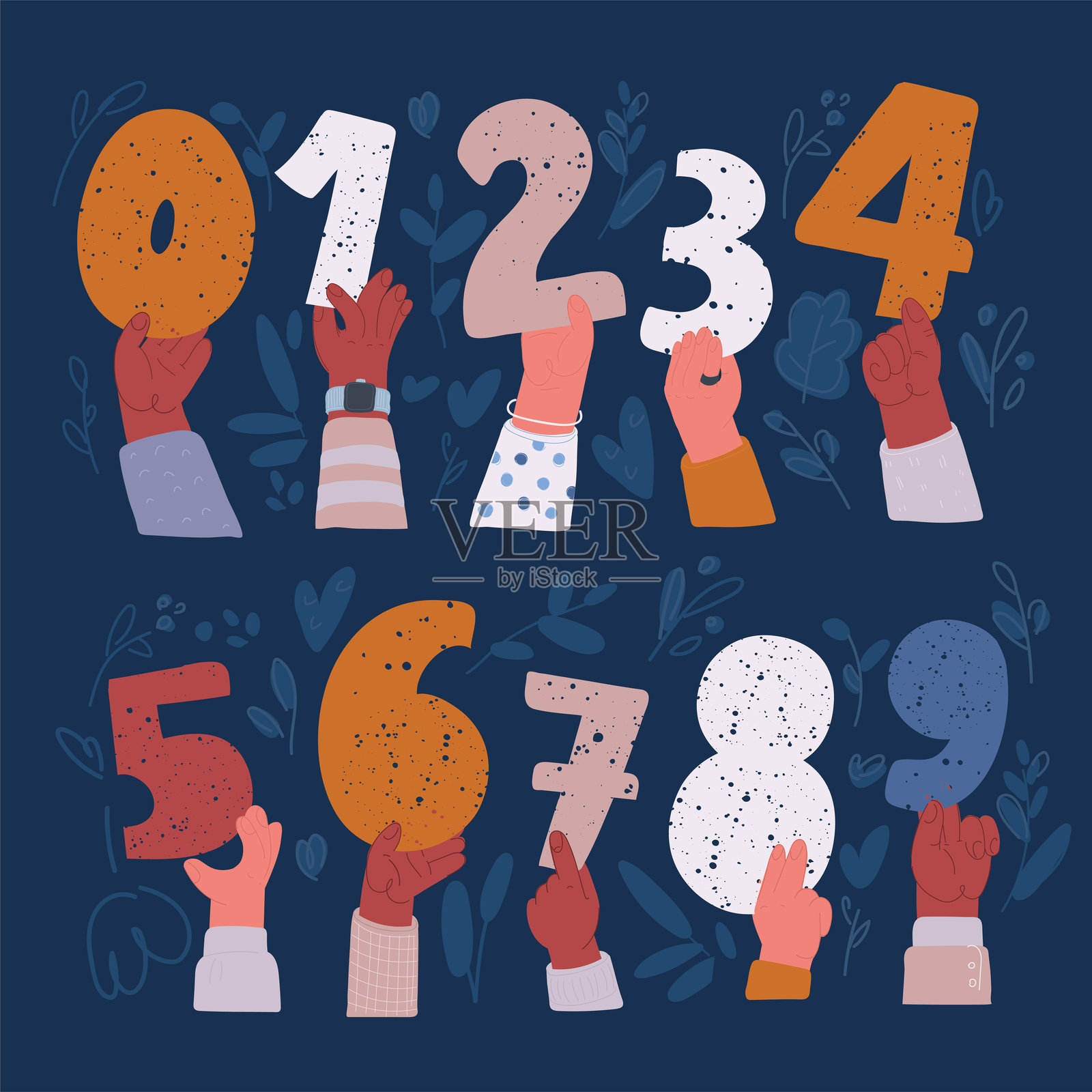 卡通矢量插图，手与手指的图标集，用于计数教育。手中握有数字集。评委的投票。1,2,3,4,5,6,7,8,9,0。一、二、三、四、五、六、七、八、九、零。插画图片素材