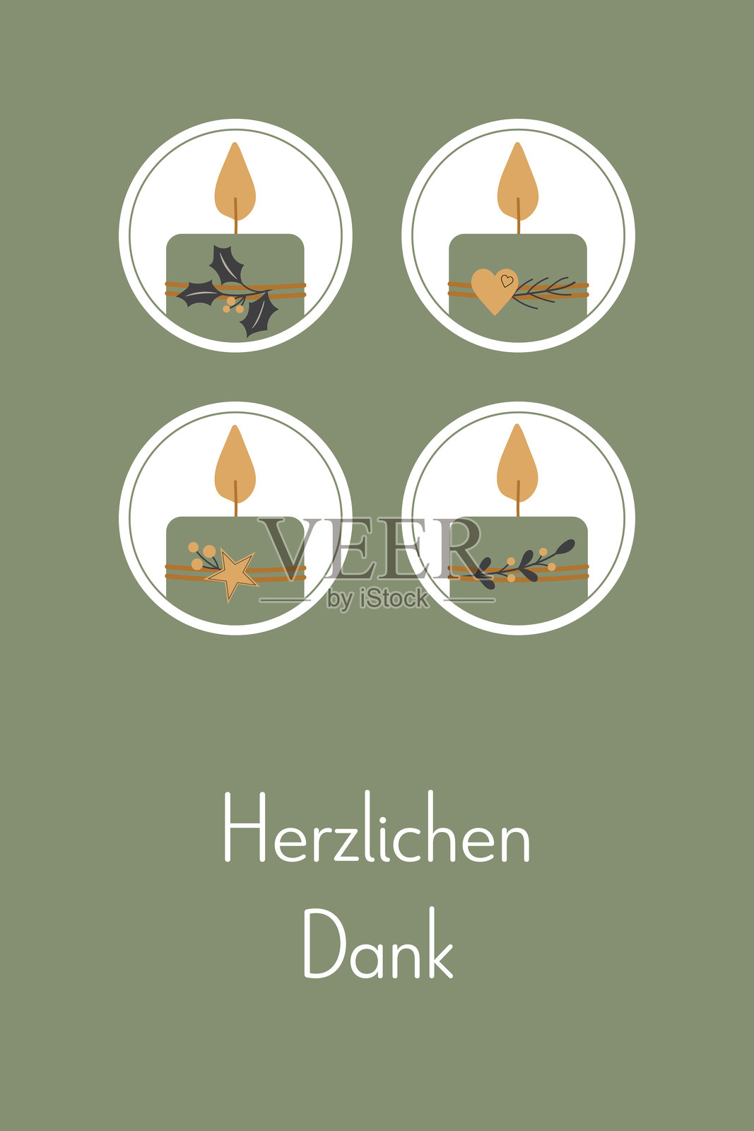 非常感谢 - 德语文本 - 感谢您。贺卡上有四根装饰精美的蜡烛，颜色为绿色、金色和深灰色。插画图片素材