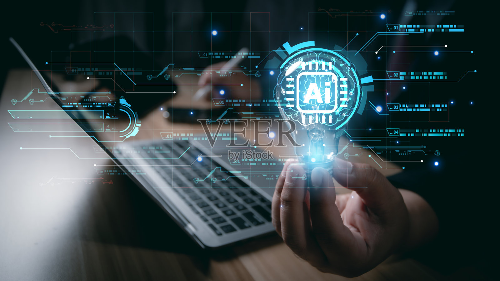 商人正在与人工智能大脑处理器互动，概念涉及人工智能工程、大数据和机器学习，以利用生成式人工智能为商业提供支持。照片摄影图片