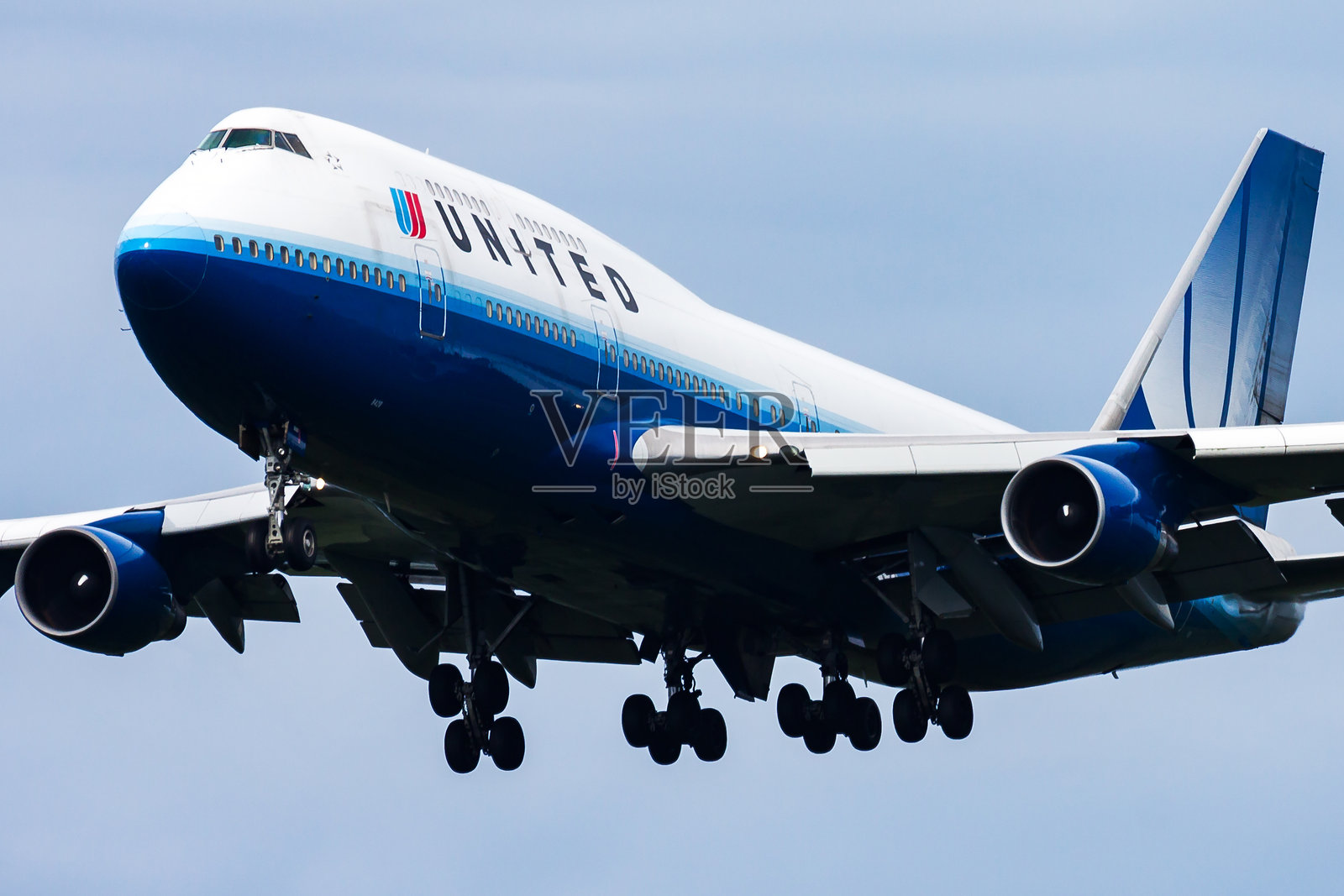 联合航空的客机在机场。航班安排旅行。航空和飞机。空中运输。全球国际运输。飞行与飞翔。照片摄影图片