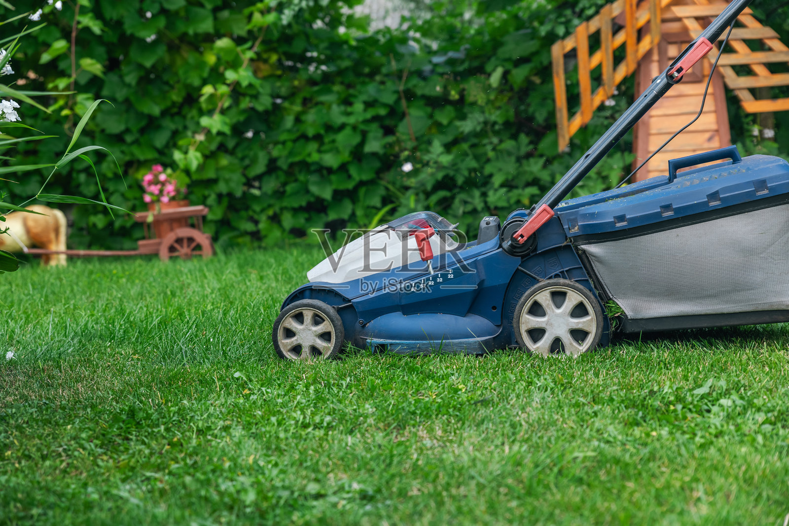 一台割草机正在割绿草，园丁在后院使用割草机，侧面视角。照片摄影图片