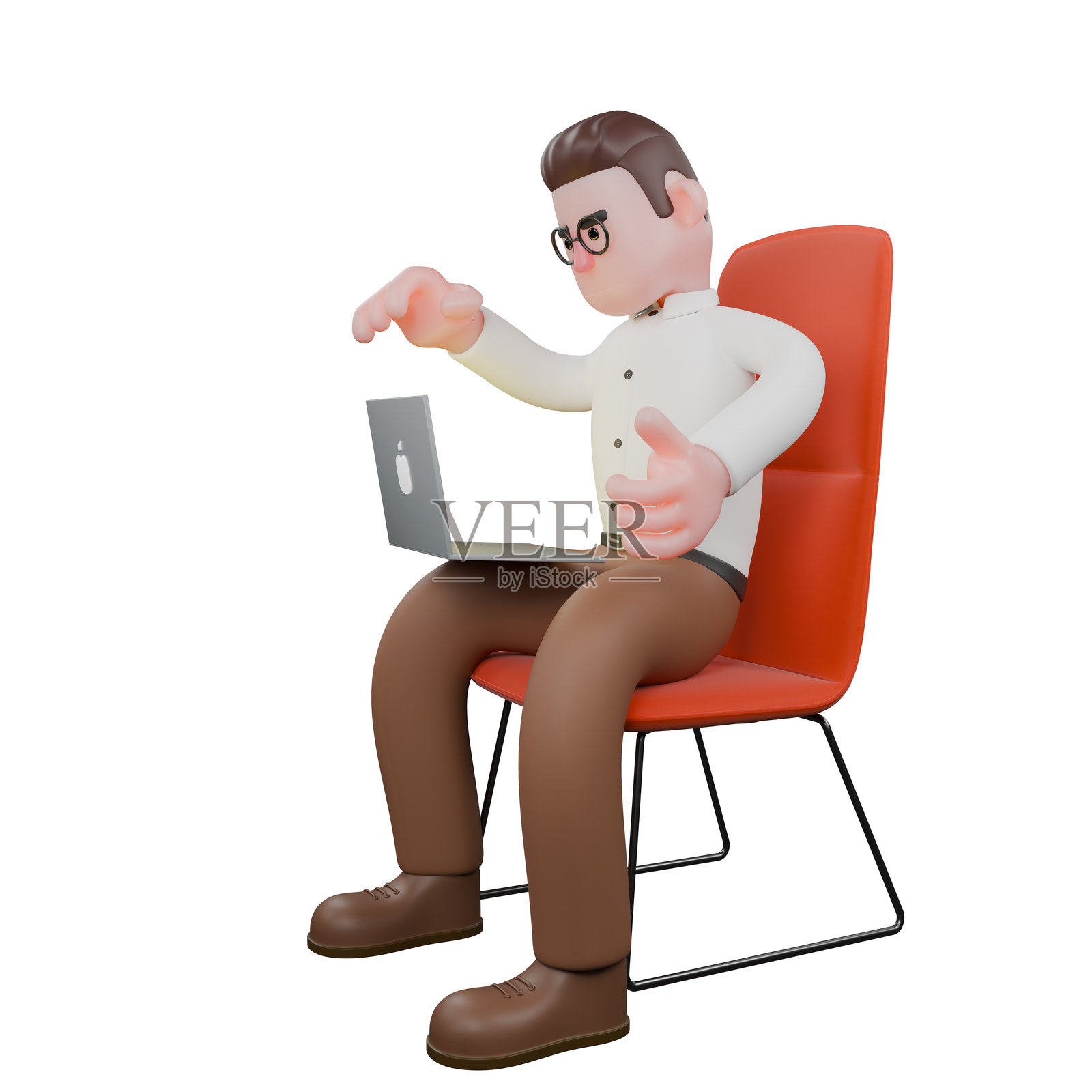 男性社会规划师插图。一位男性社会学家坐在椅子上，想要合上他正在查看的笔记本电脑屏幕。照片摄影图片