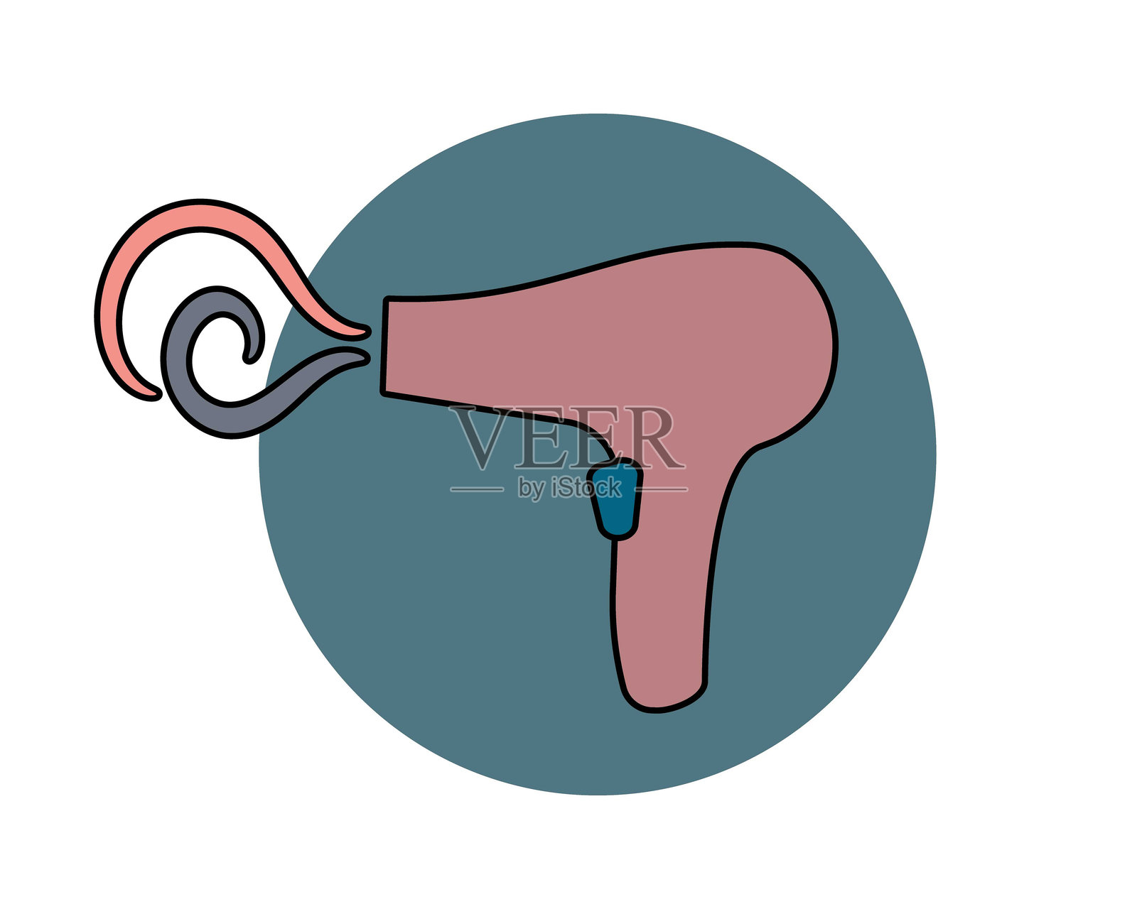 吹风机线条图标，时尚的理发师吹风机，用于吹干头发的电吹风。理发师造型工具。矢量卡通插图。插画图片素材