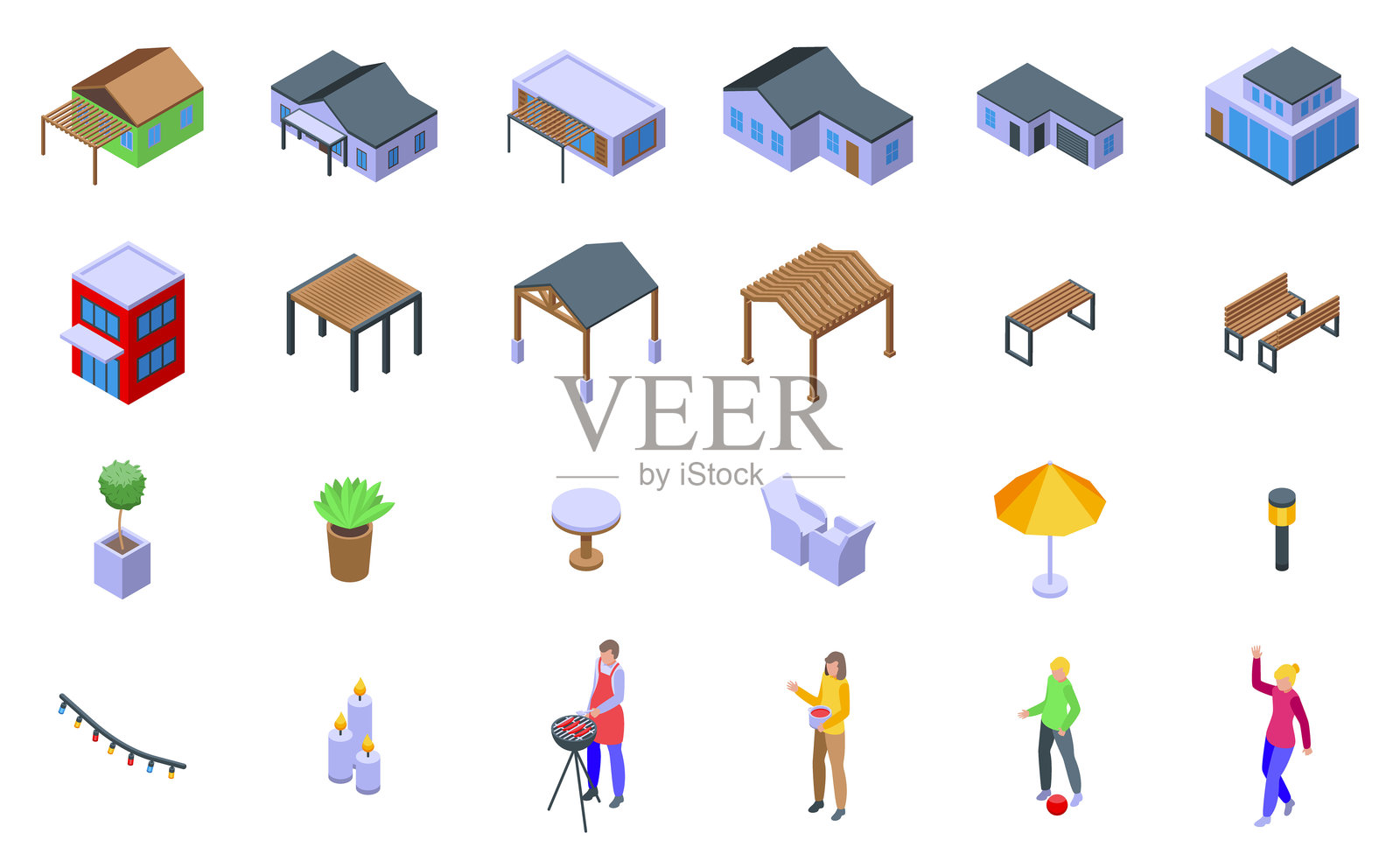 带露台的房屋图标集等距矢量图。木质露台插画图片素材