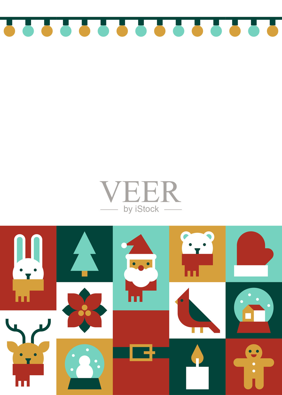 圣诞贺卡，上面有圣诞老人、冬季动物和节日图标，背景为白色插画图片素材