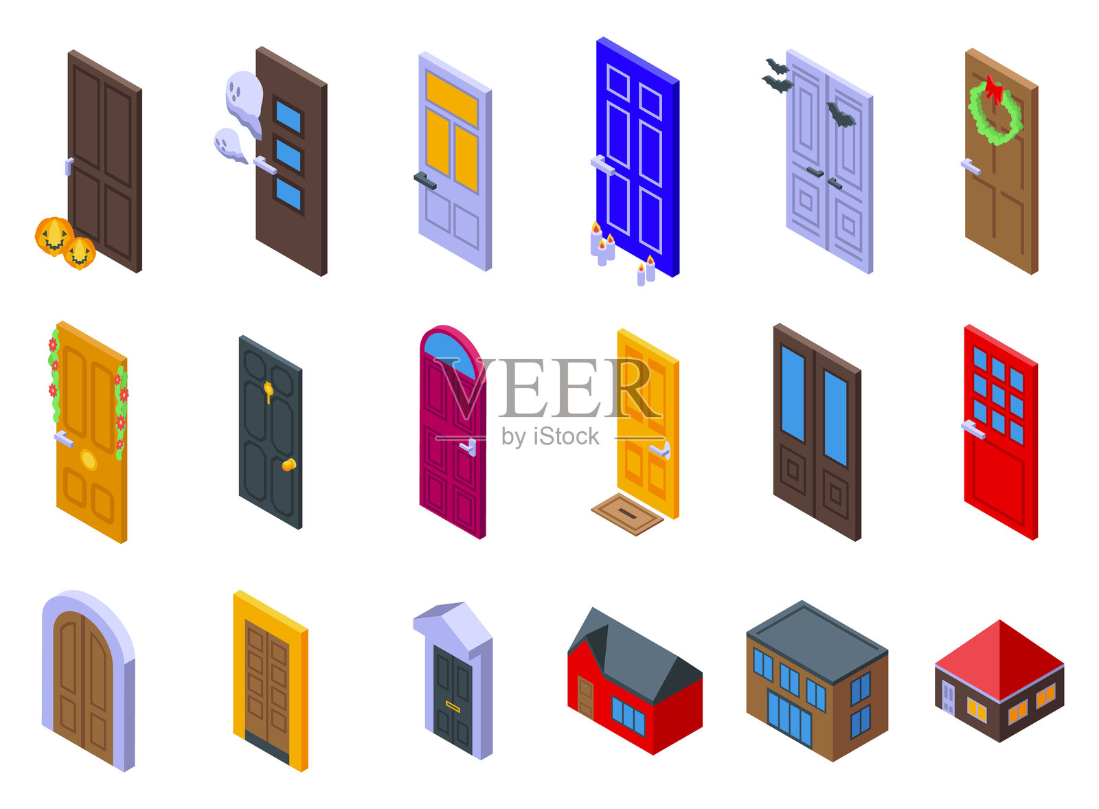 夜间房屋前门图标集等距矢量图。户外家居插画图片素材