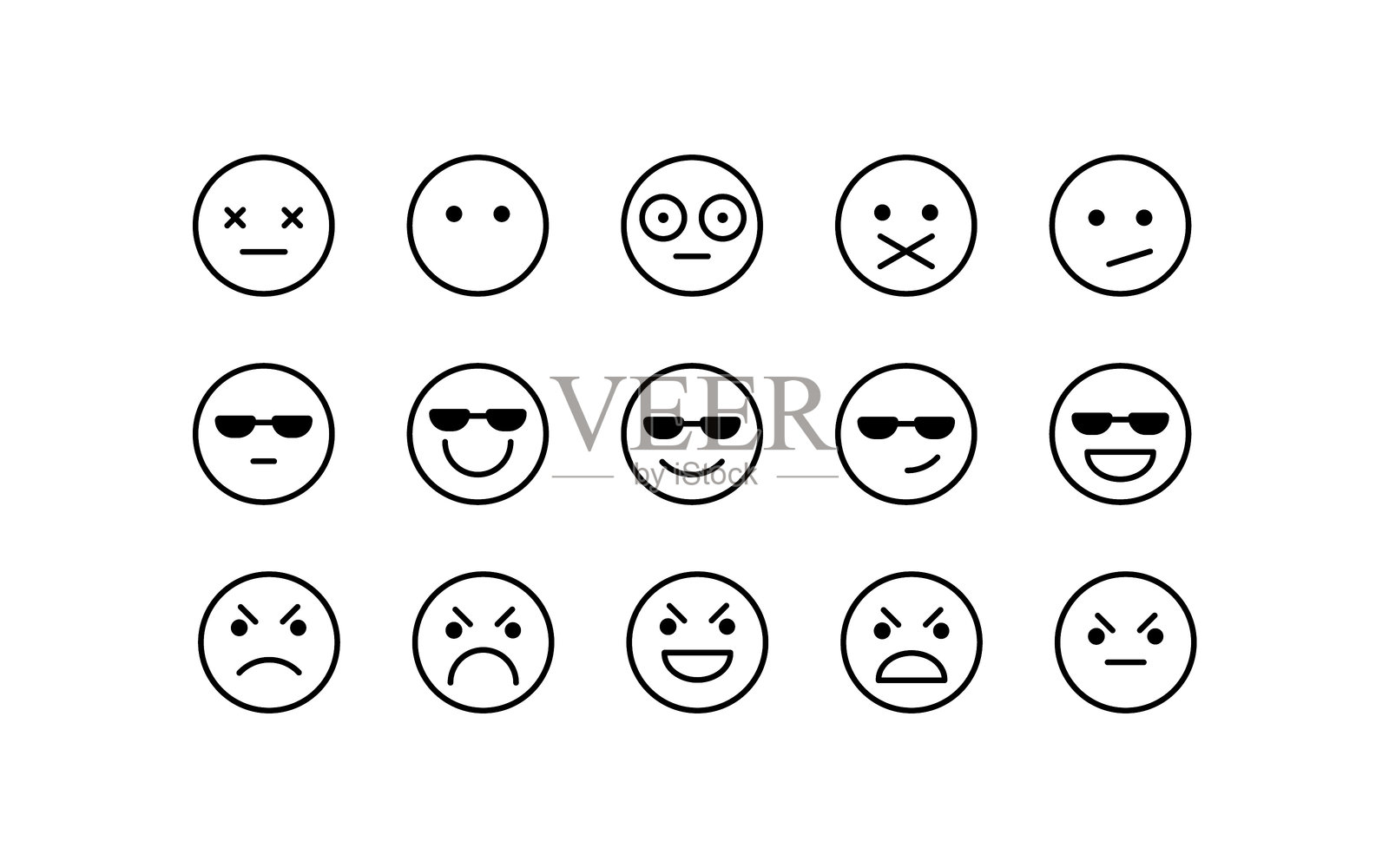 一套表情符号图标。轮廓，适用于各种反应的表情符号集合。矢量图标插画图片素材