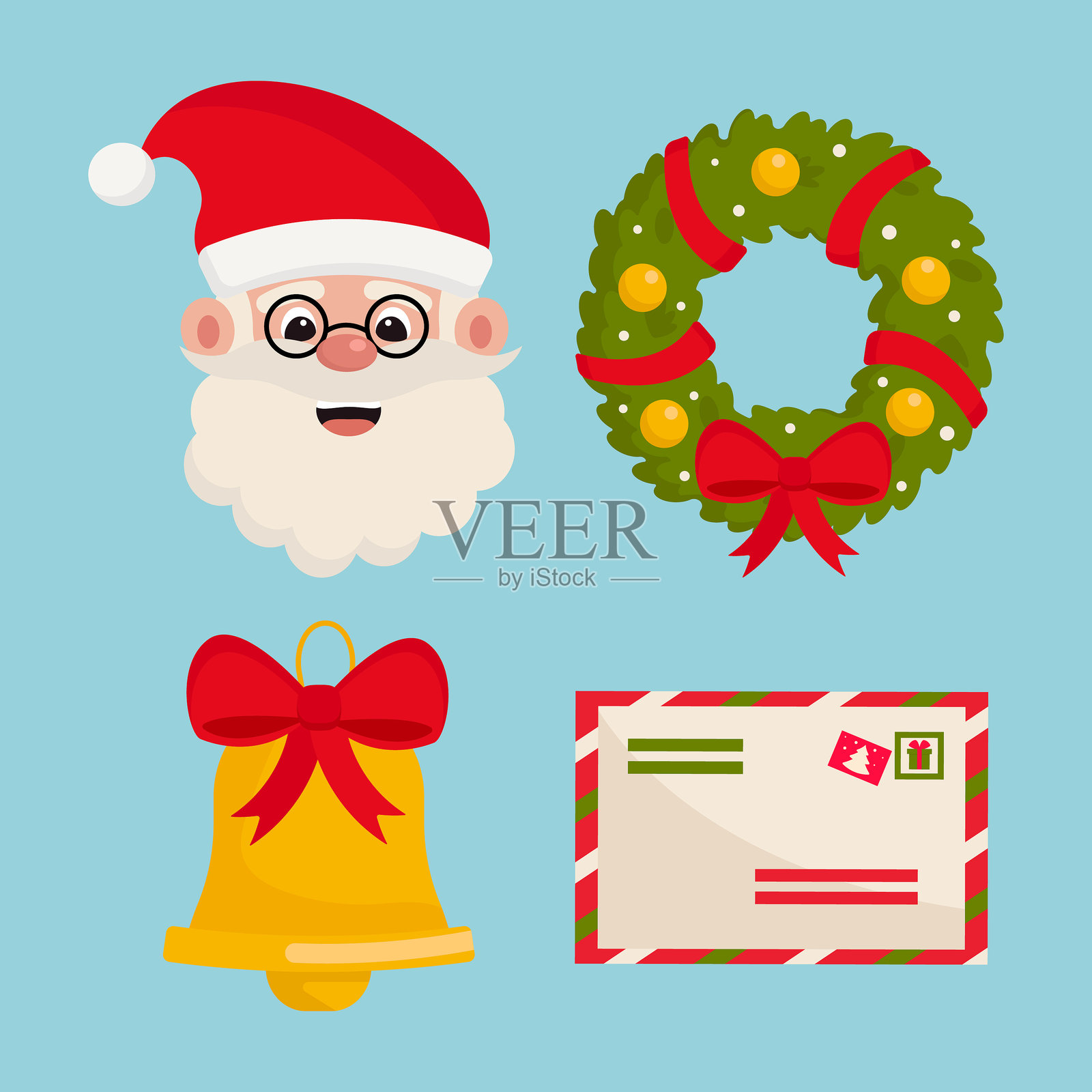 圣诞节图标集，包括圣诞老人、花环、铃铛和节日信封。矢量插图，独立展示。插画图片素材
