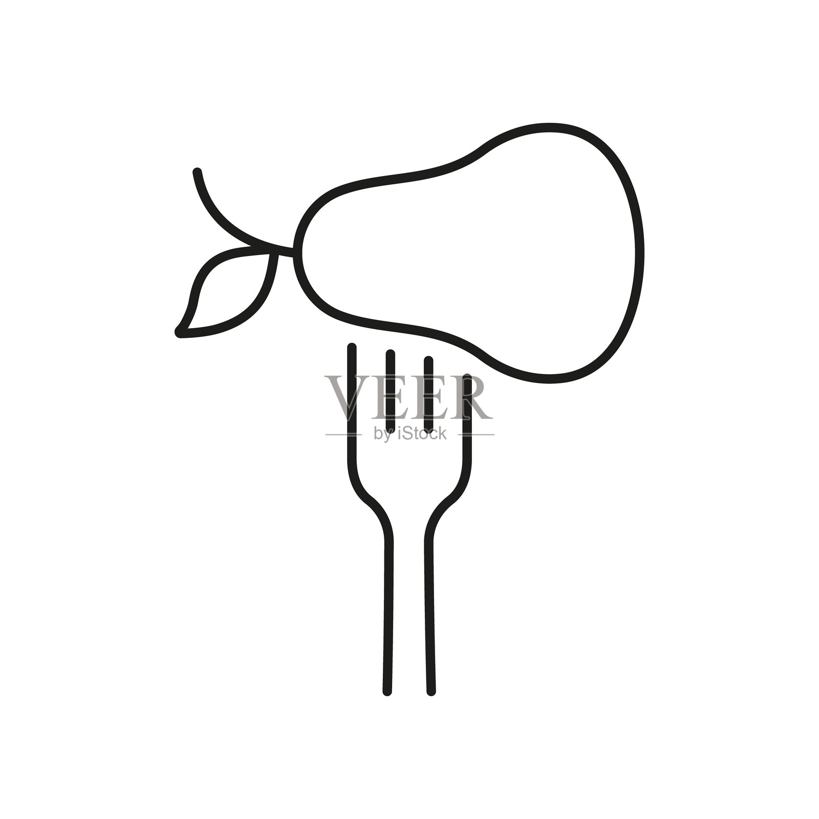 叉子与梨的线条图标，健康食品和素食饮食概念。营养与健康，营养丰富的植物性食品选择。孤立的矢量插图。插画图片素材