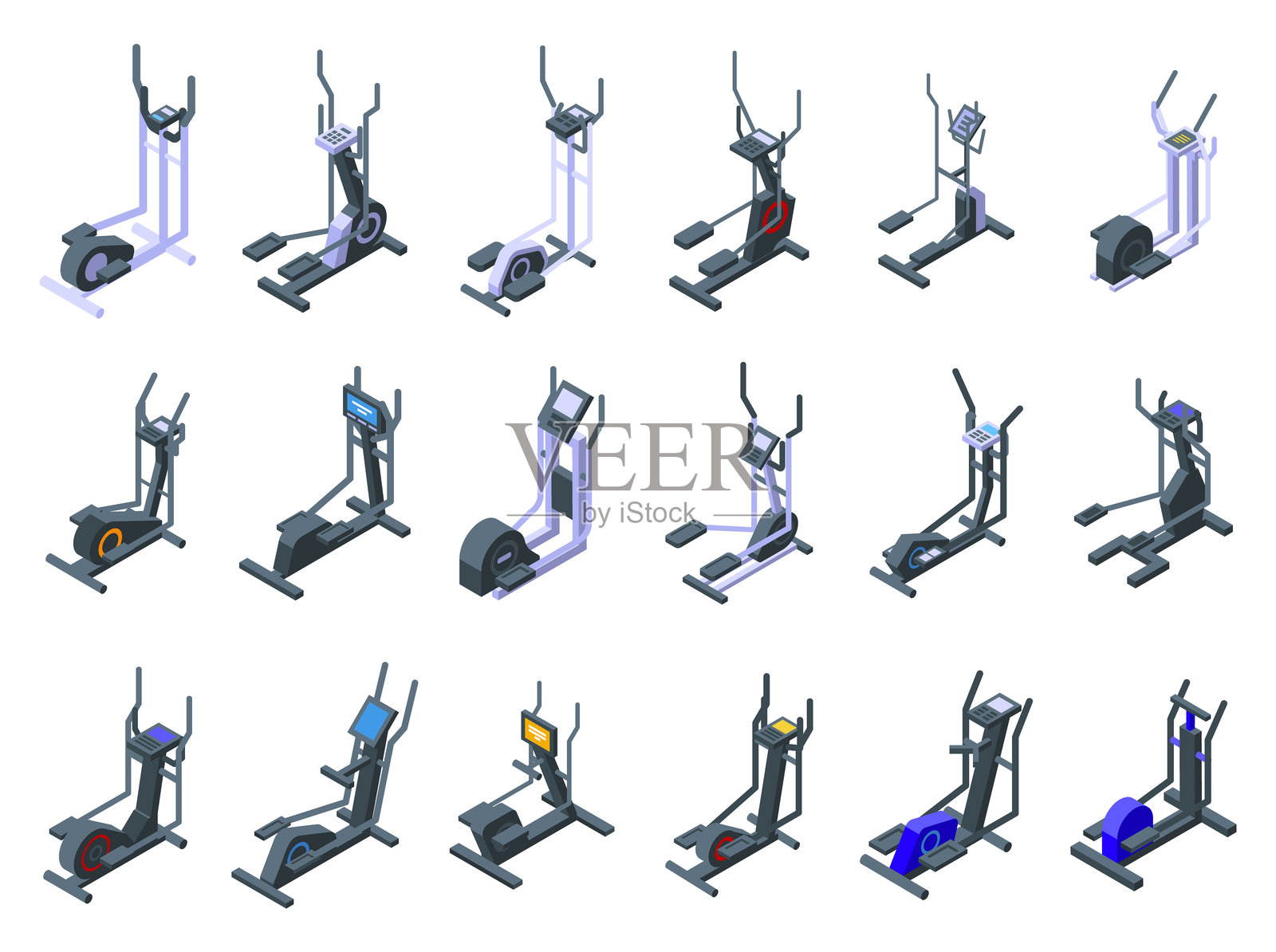 椭圆机图标集等距矢量图。心肺健身插画图片素材