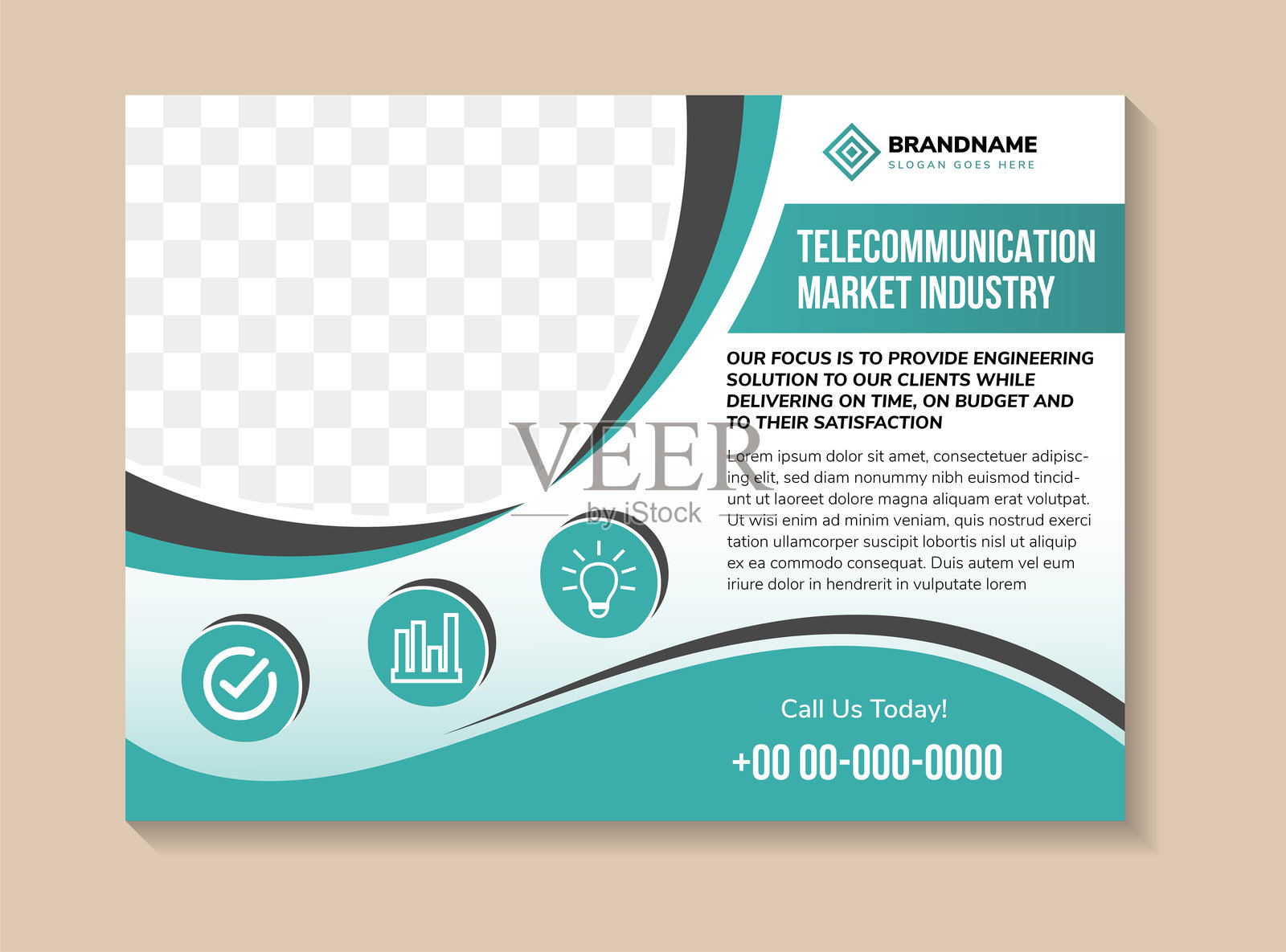 抽象海报横向布局设计模板合集，标题为电信市场行业，蓝白渐变背景上留有照片拼贴的空间。插画图片素材