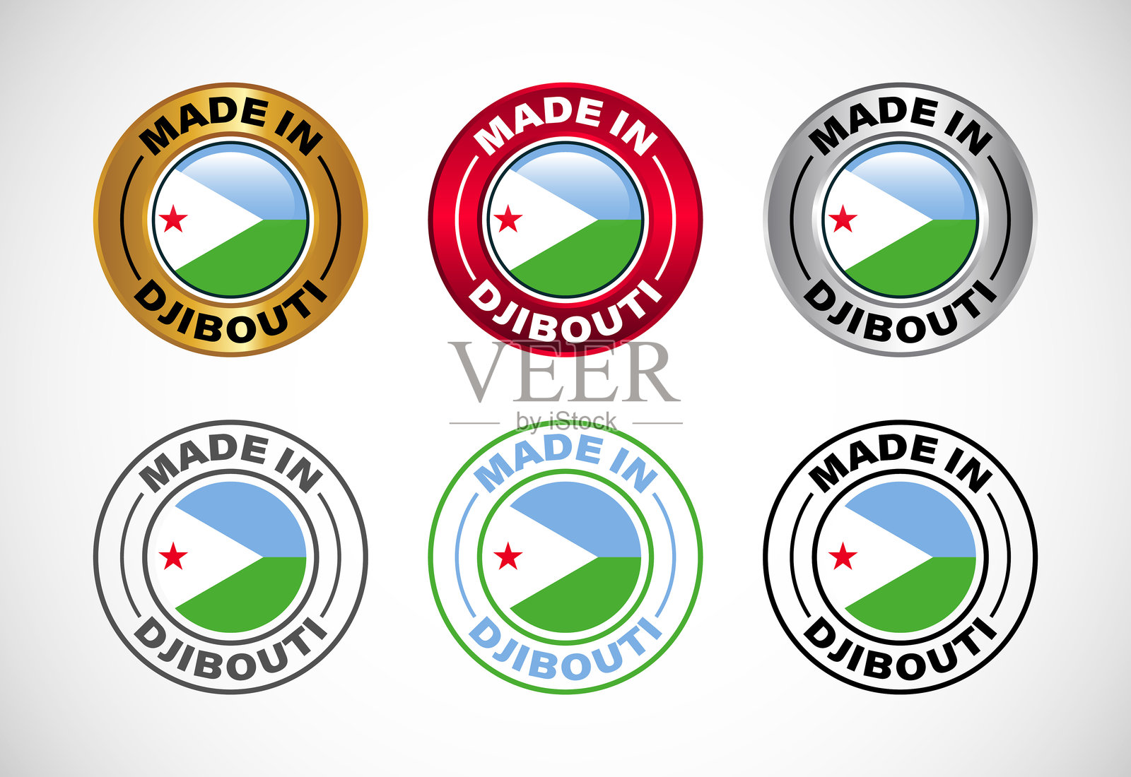 吉布提制造标签图标，带有国旗。适用于商业、徽章、印章、贴纸、标志和符号的图标集。插画图片素材