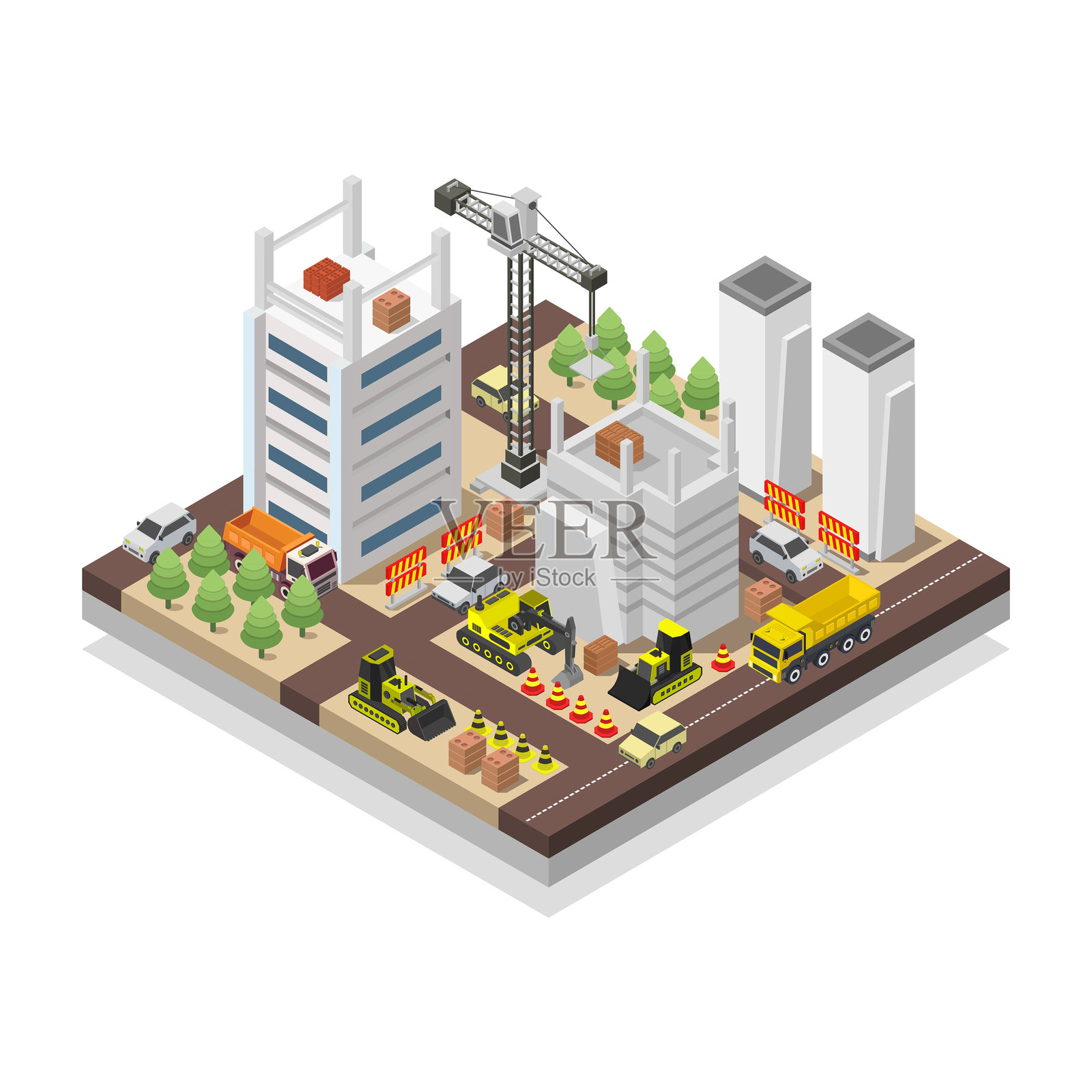 等轴测图建筑施工中插画图片素材
