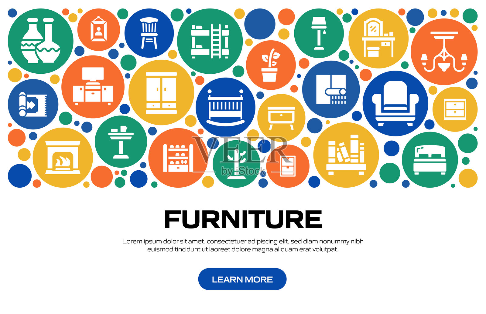 家具相关的矢量插图：沙发、书架、窗帘、吊灯、地毯、衣柜、床插画图片素材