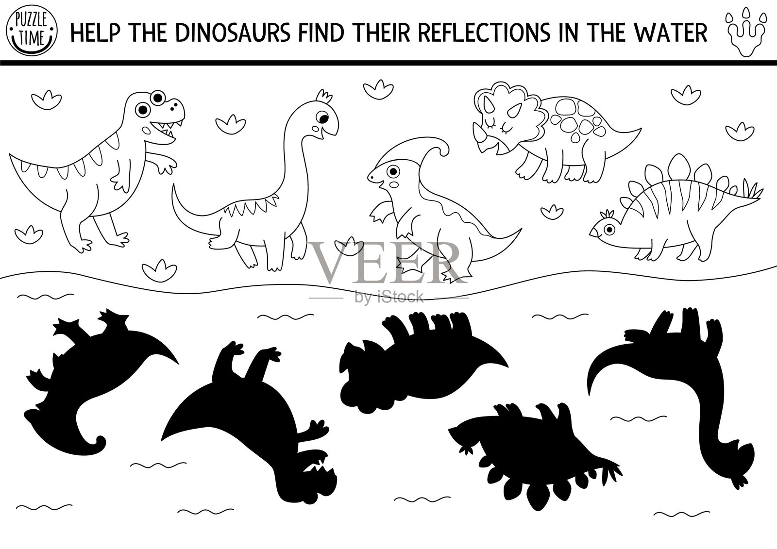 恐龙黑白影子匹配活动,包含动物和水中的倒影