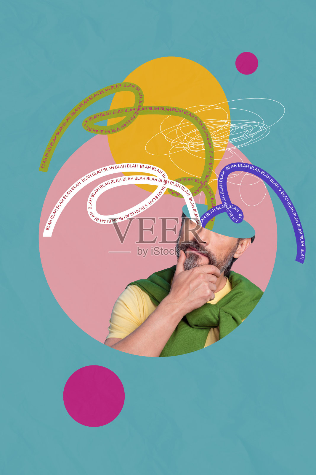 半边脸的匿名男子在思考，表达沟通概念的垂直照片拼贴，背景为涂鸦风格。照片摄影图片