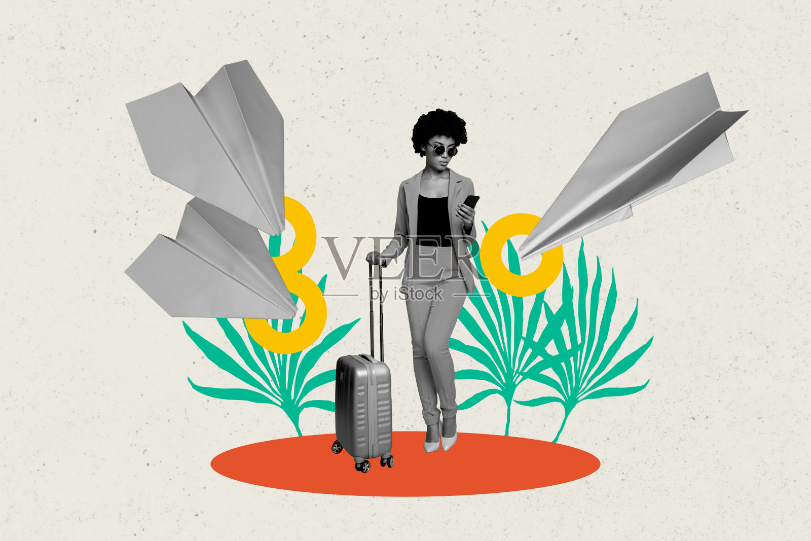 严肃的美国女孩手持手机，预订航班，纸飞机和行李箱的合成照片拼贴，背景为涂鸦风格的夏季旅行主题。照片摄影图片