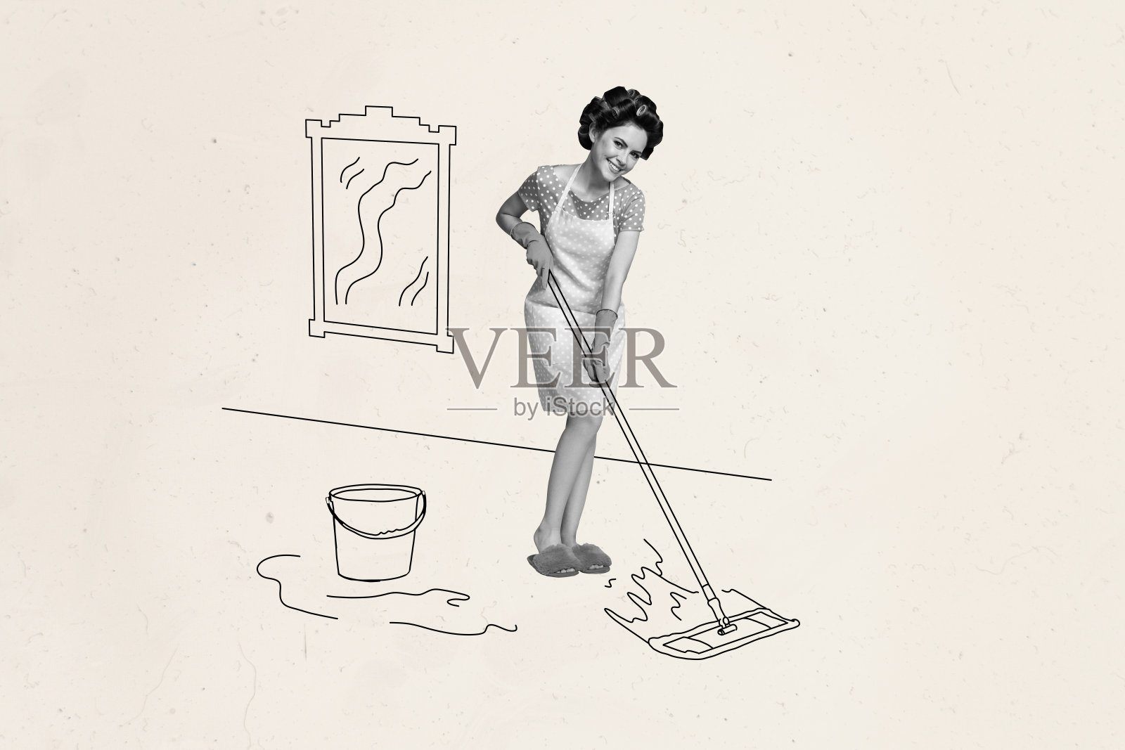 创意拼贴画，年轻快乐的女性，卷发，正在用桶洗地，家务工作，服务人员，背景是手绘风格。照片摄影图片