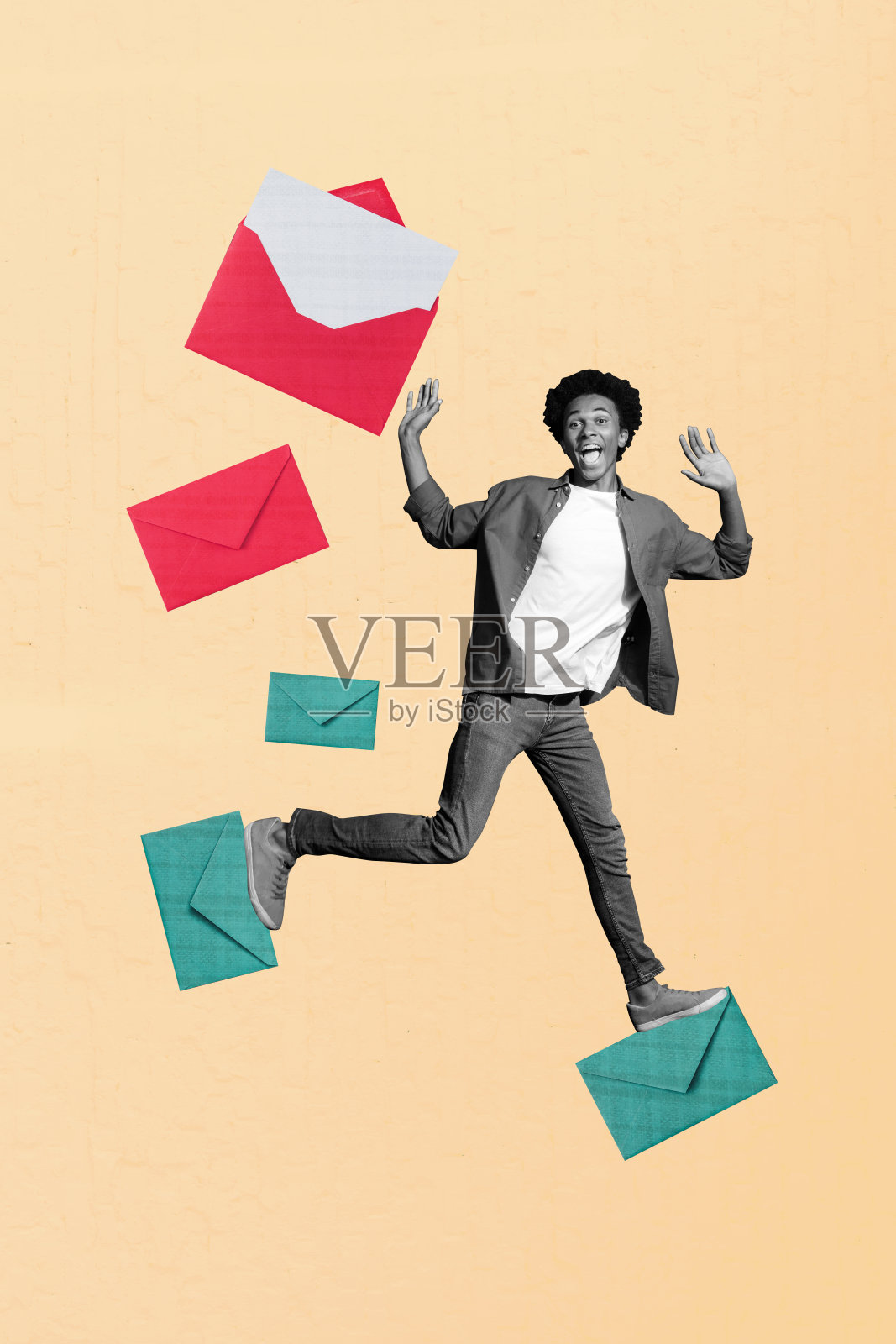 年轻男学生的舞蹈成功走路，手持信封信息，愉快地聊天的拼贴艺术作品草图照片摄影图片