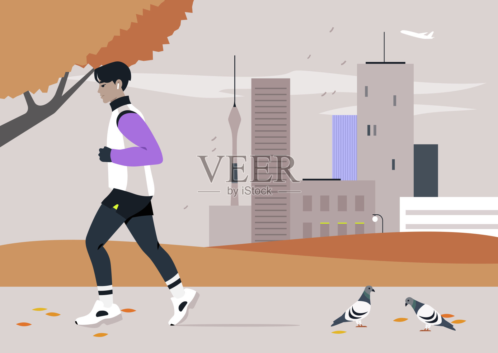 在迷人的秋季环境中，一位坚定的跑者在城市小径上迅速前行，周围是五彩斑斓的树木和温和的鸽子，完美展现了这个季节的精髓。插画图片素材